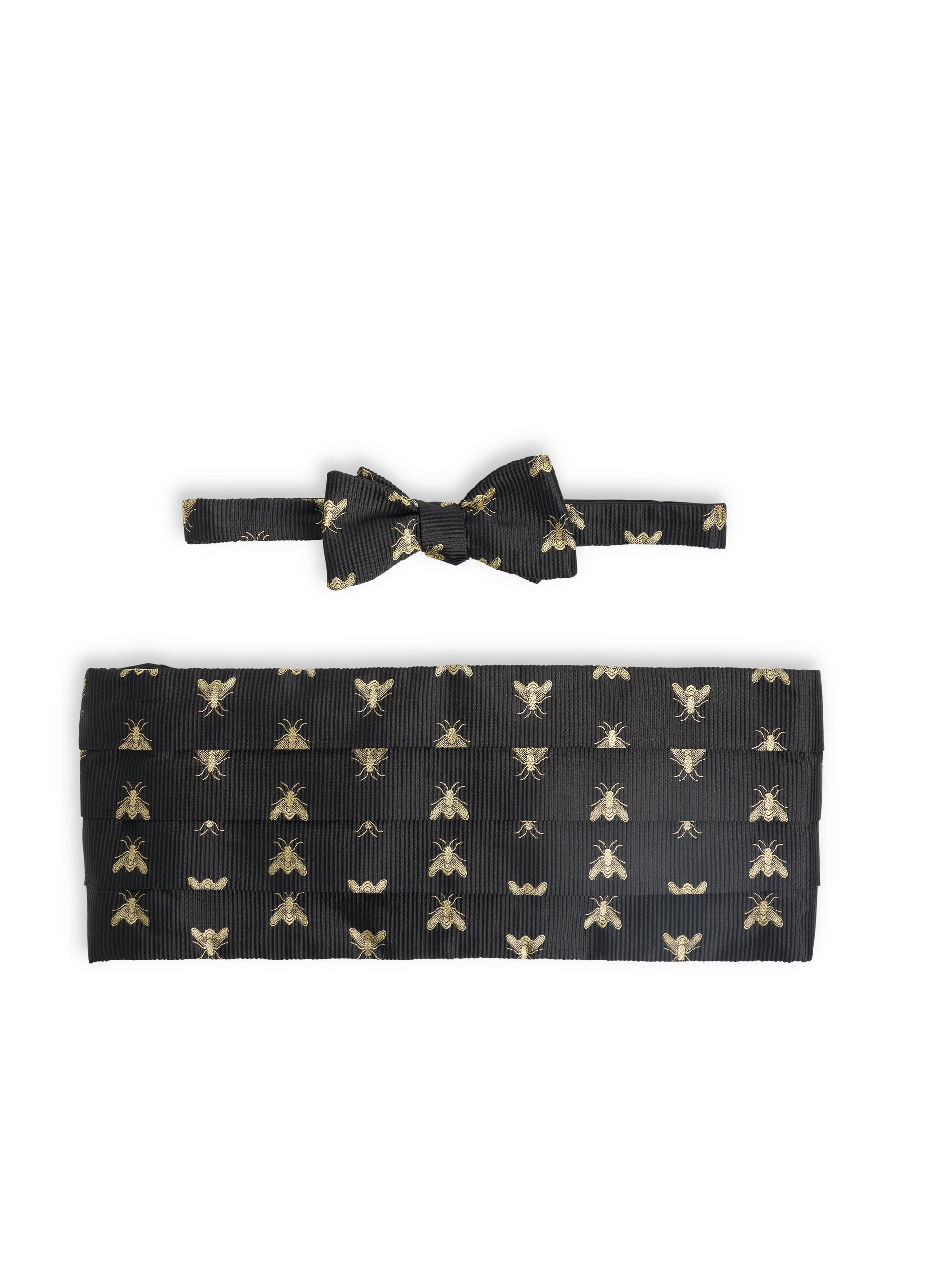 Black Gold Bees Silk Pleated Cummerbund & Bow Tie Set