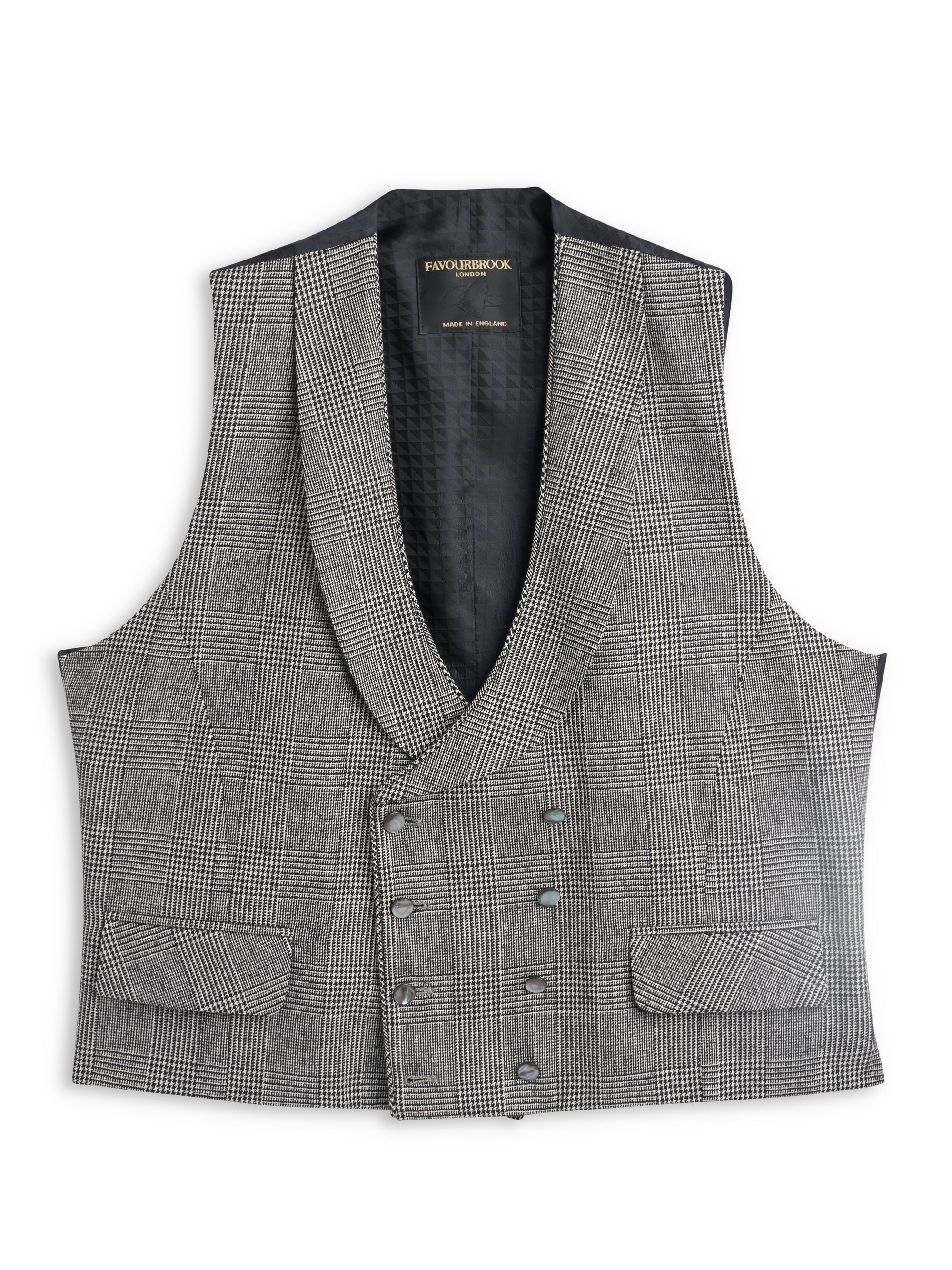 Black Sandleson Wool Double Breasted 8 Button Shawl Lapel Piped Waistcoat