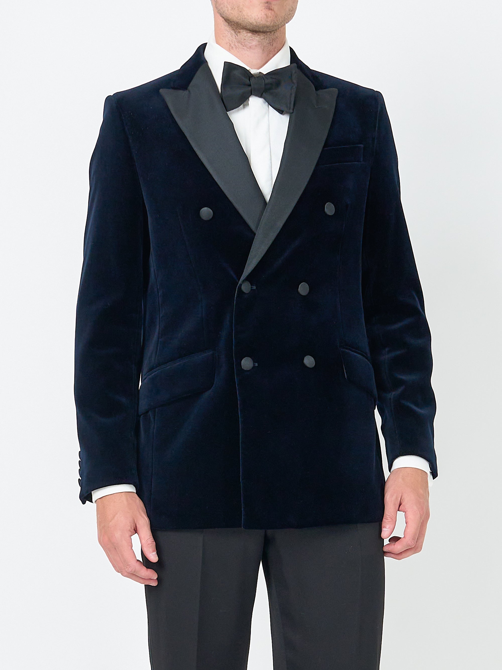 Navy Velvet Cotton Double Breasted Dinner Jacket
