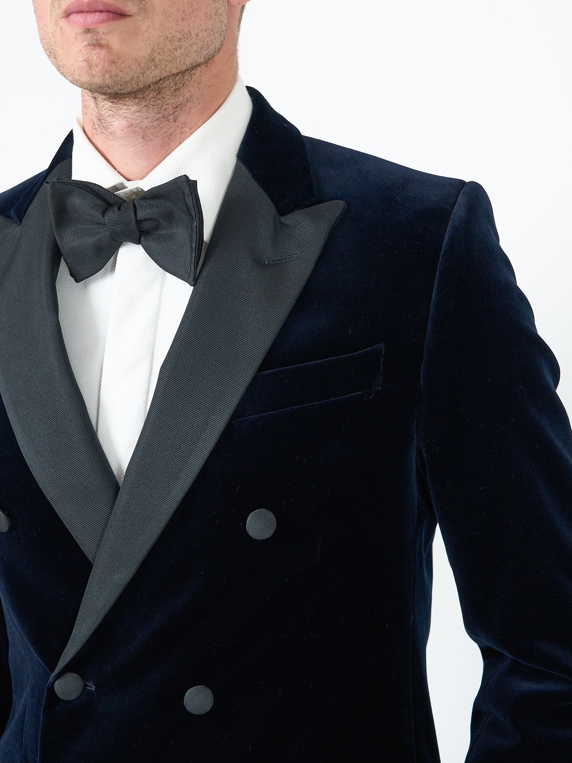 Navy Velvet Cotton Double Breasted Dinner Jacket