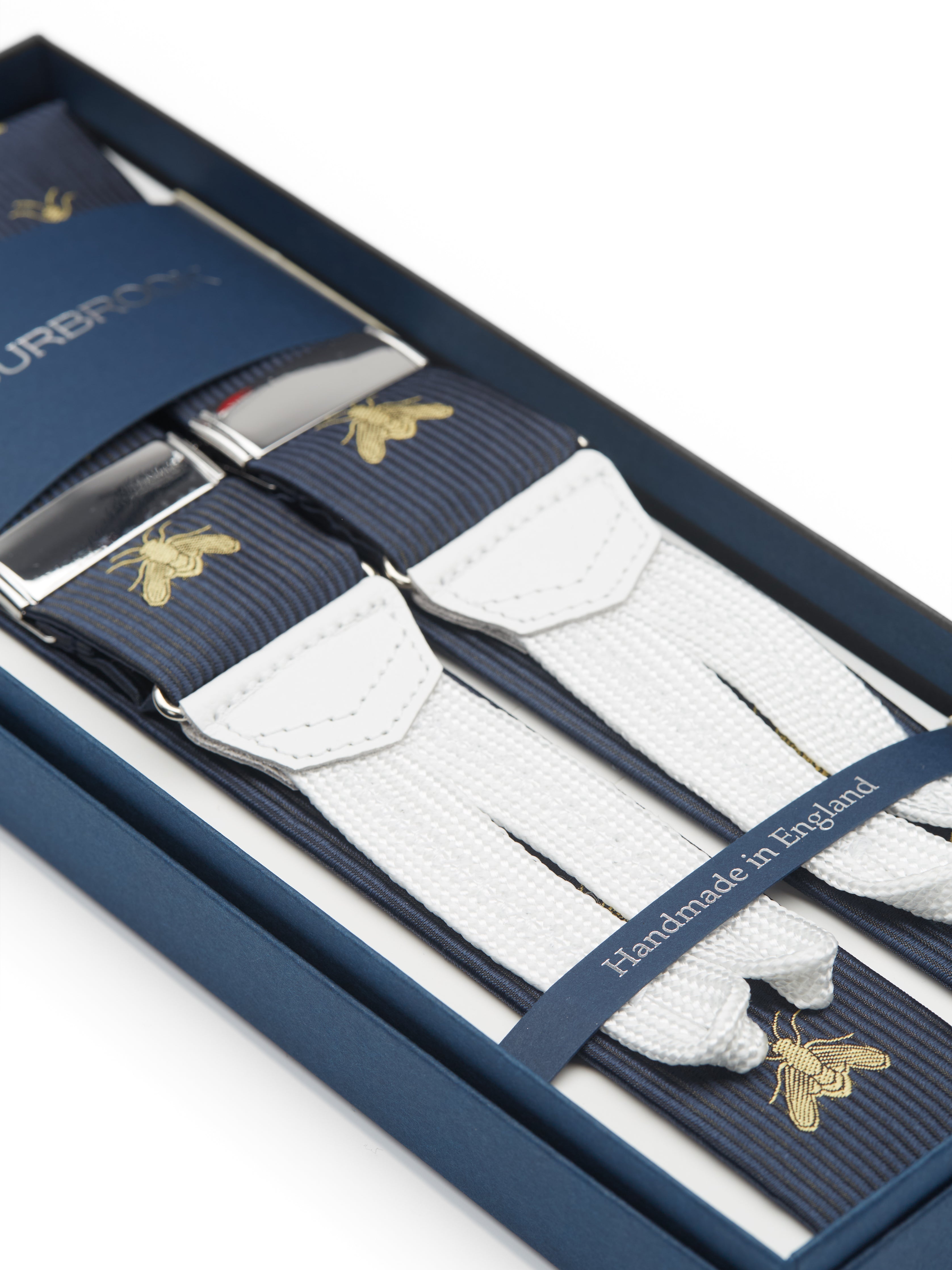 Navy Gold Bees White Leather Silk Braces