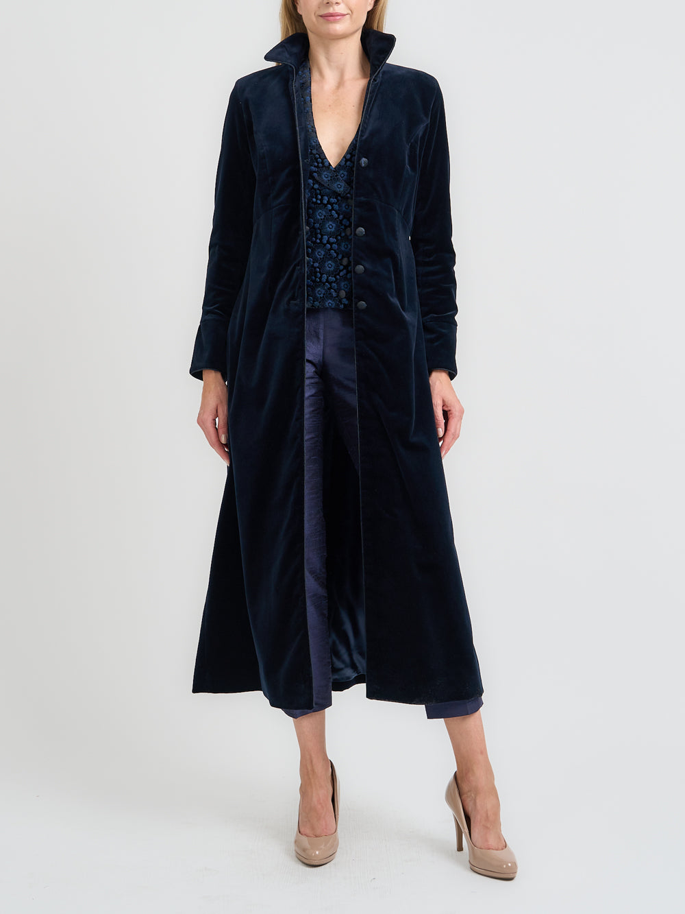 Navy Blue Overcoat With Velvet Collar Long Swing Coat Navy Wind