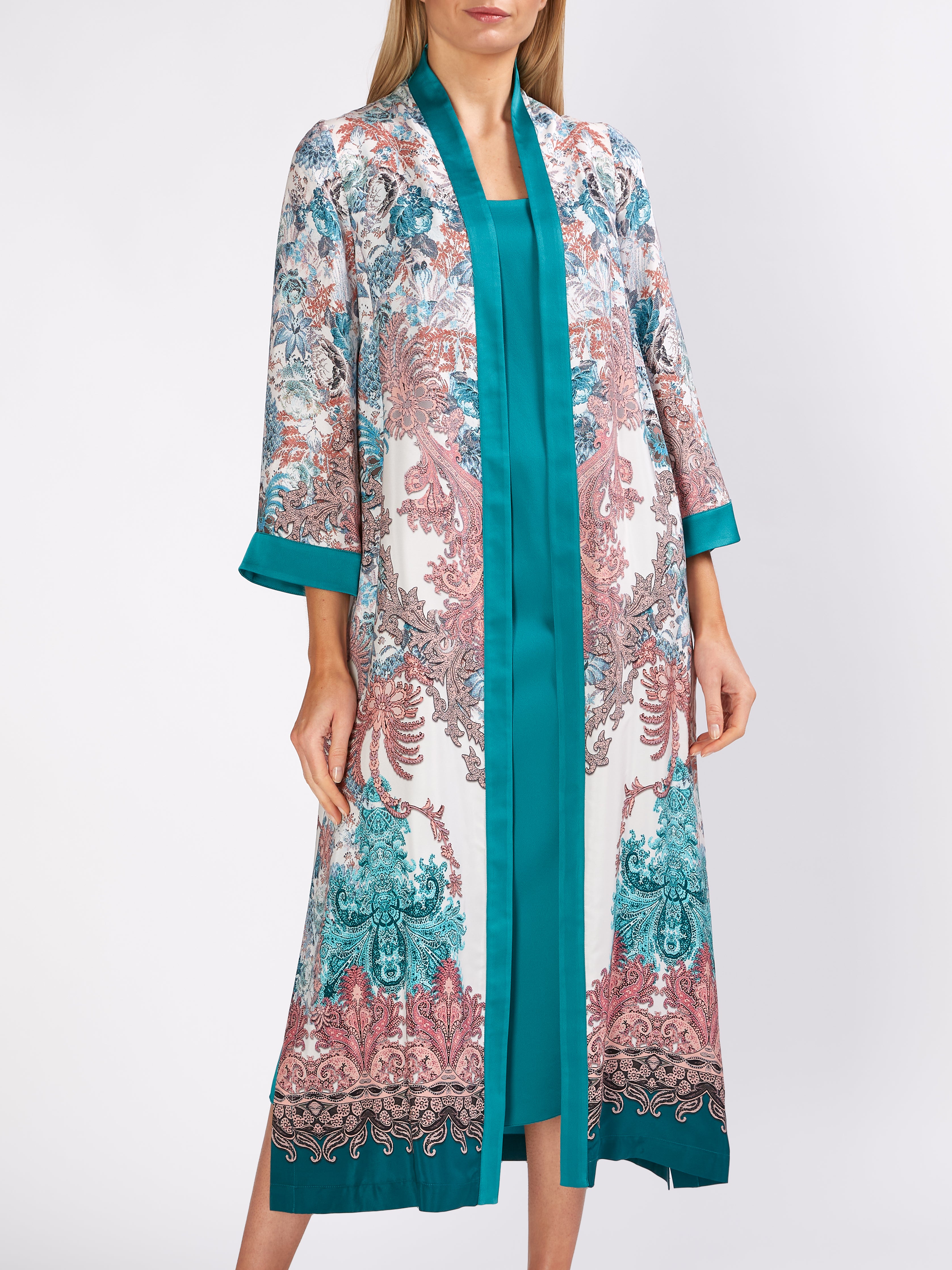 Kimono Coat Teal Antique Rose Rhydian Silk Satin