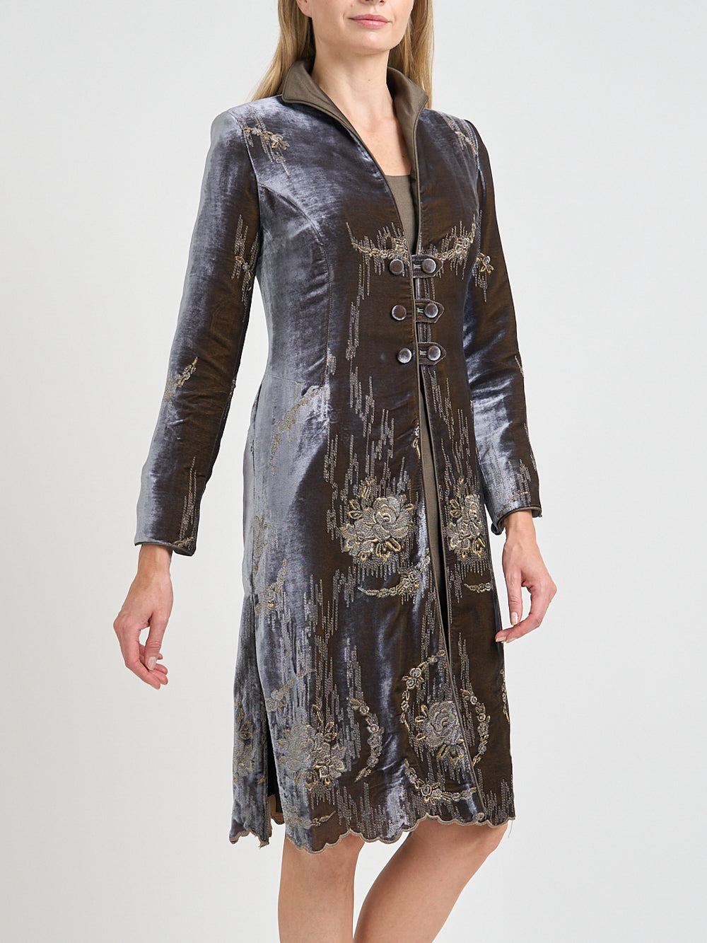 Westminster Coat Grey Gold Highclere Silk Velvet
