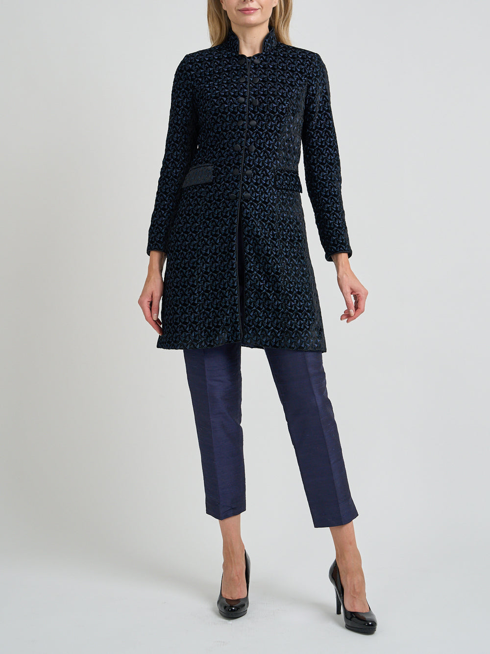 Waterloo Coat Black Navy Pitzhanger Silk Velvet