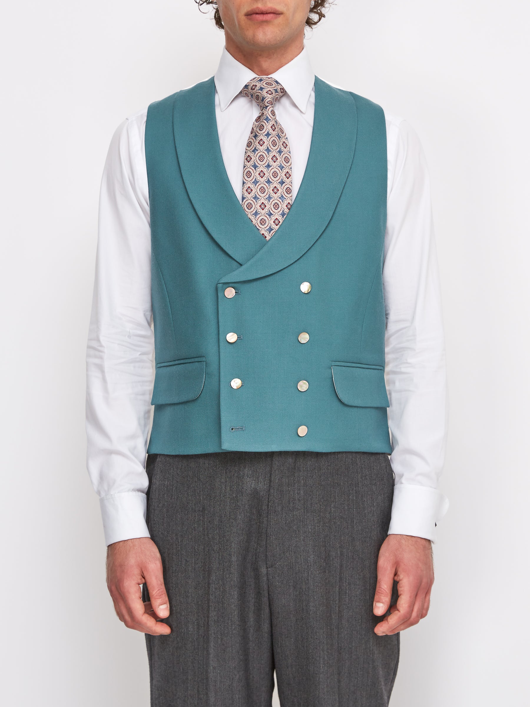 Sea Green Gabardine Wool Double Breasted Waistcoat