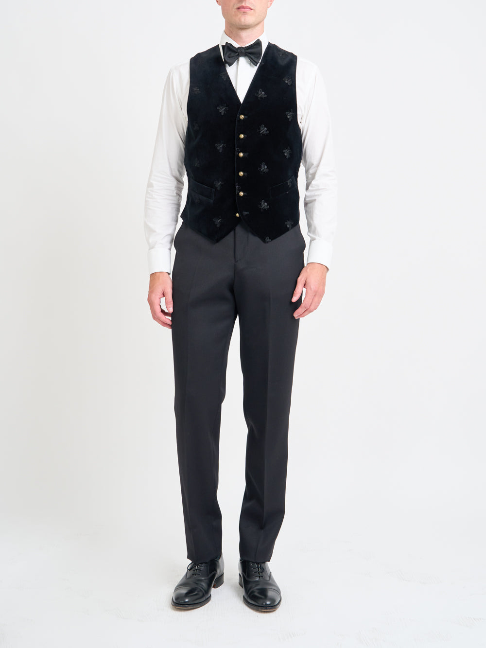 Black Bees Velvet Single Breasted Waistcoat with Piping