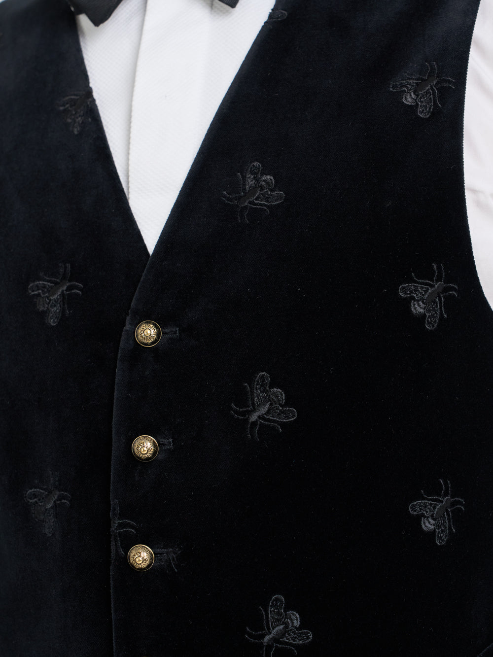 Black Bees Velvet Single Breasted Waistcoat with Piping