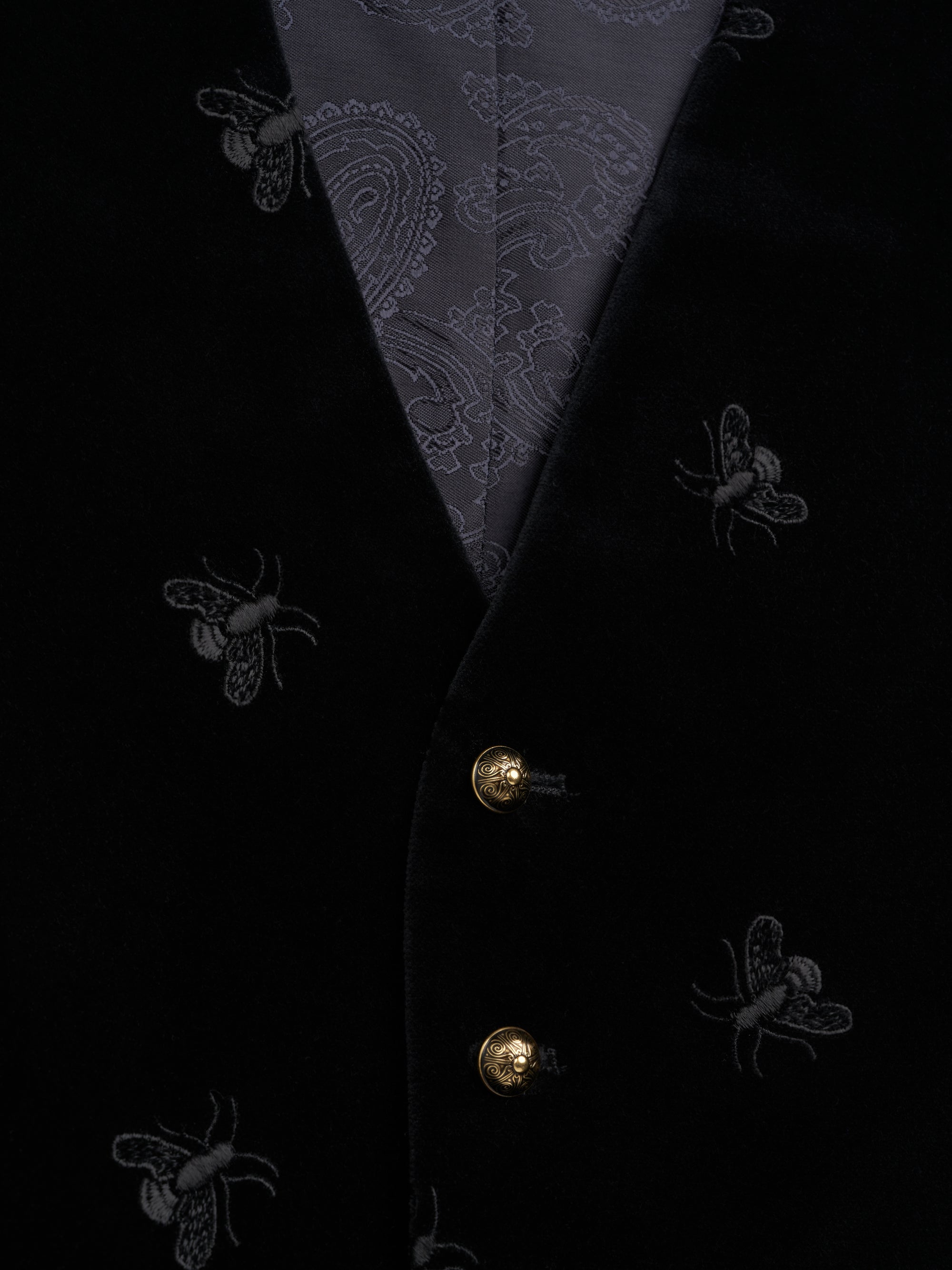 Black Bees Velvet Single Breasted Waistcoat with Piping