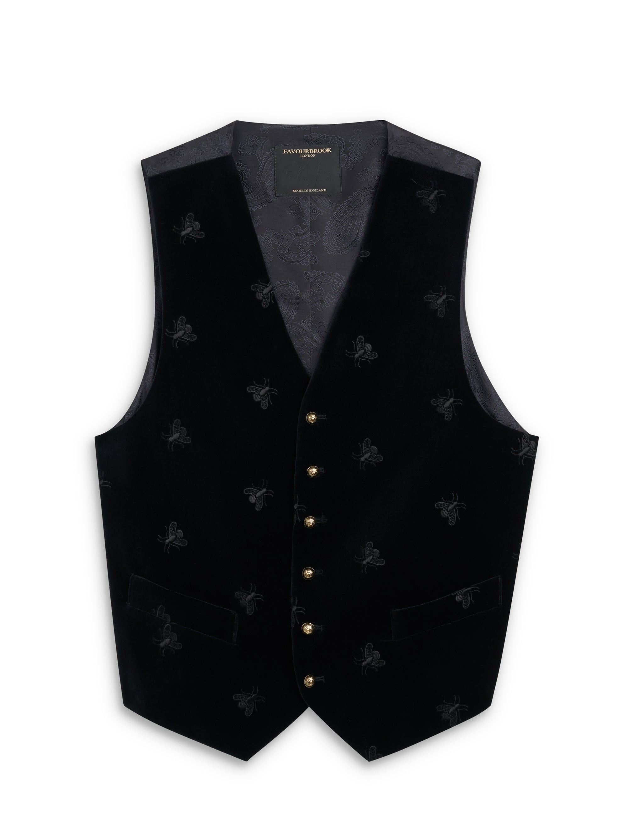 Black Bees Velvet Single Breasted Waistcoat with Piping
