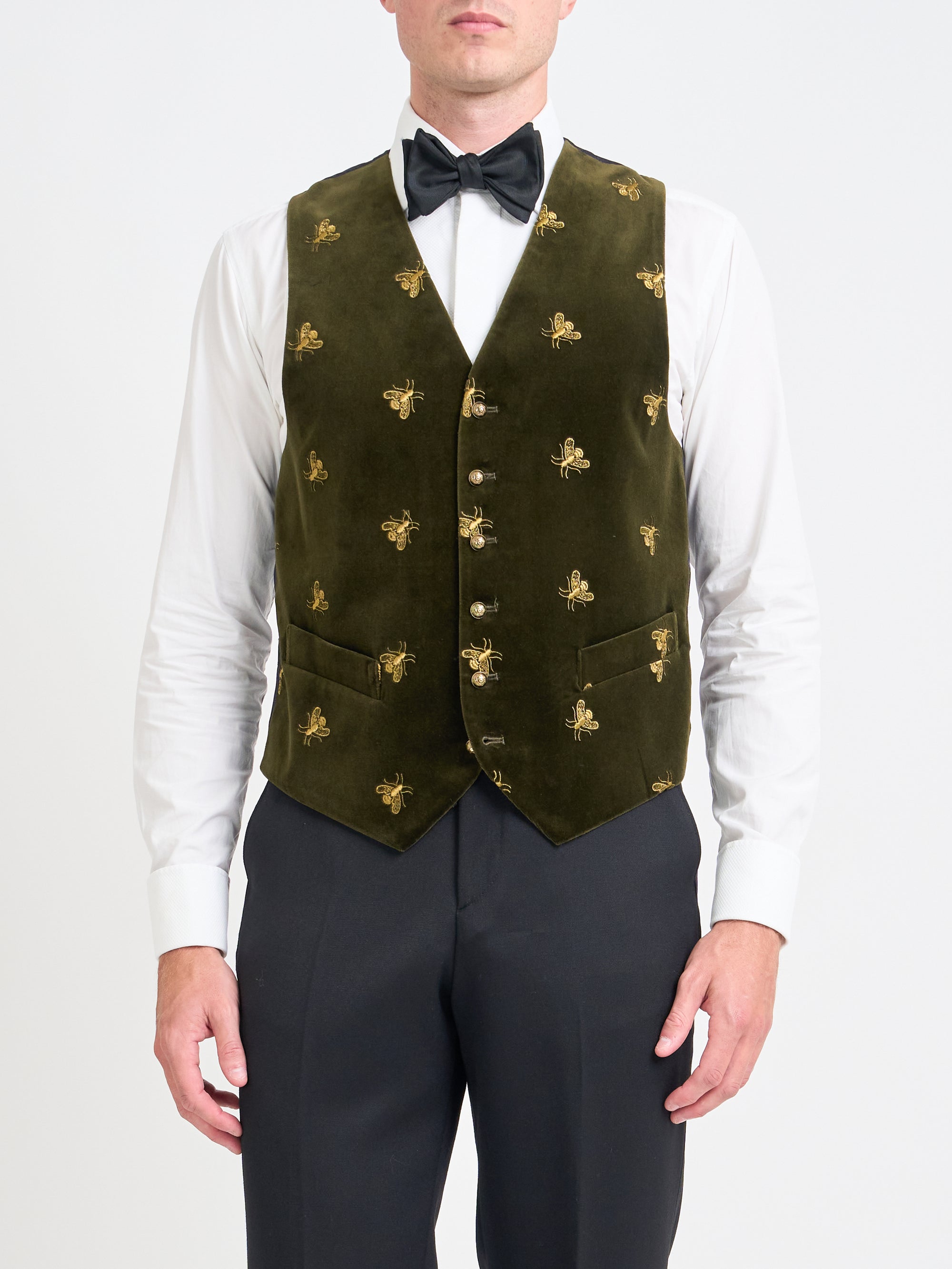 Olive Velvet Gold Bees Single Breasted Waistcoat with Piping