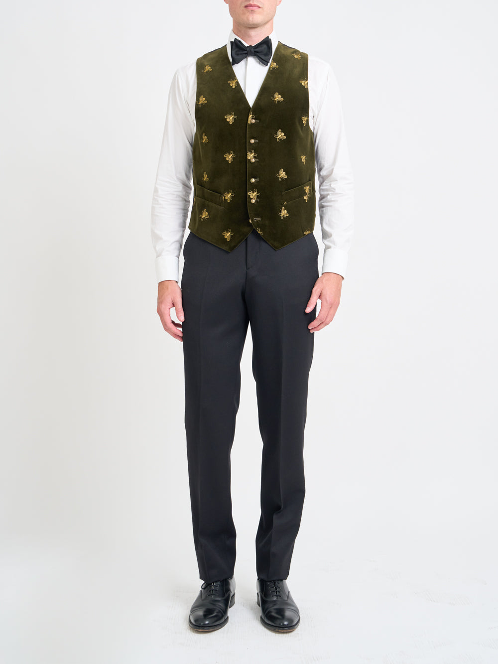 Olive Velvet Gold Bees Single Breasted Waistcoat with Piping