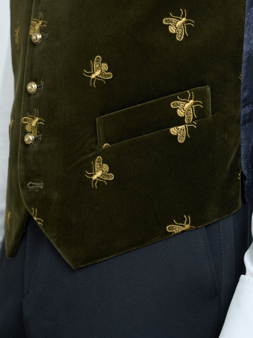 Olive Velvet Gold Bees Single Breasted Waistcoat with Piping