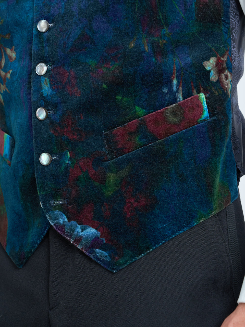 Midnight Idris Floral Velvet Cotton Single Breasted Waistcoat