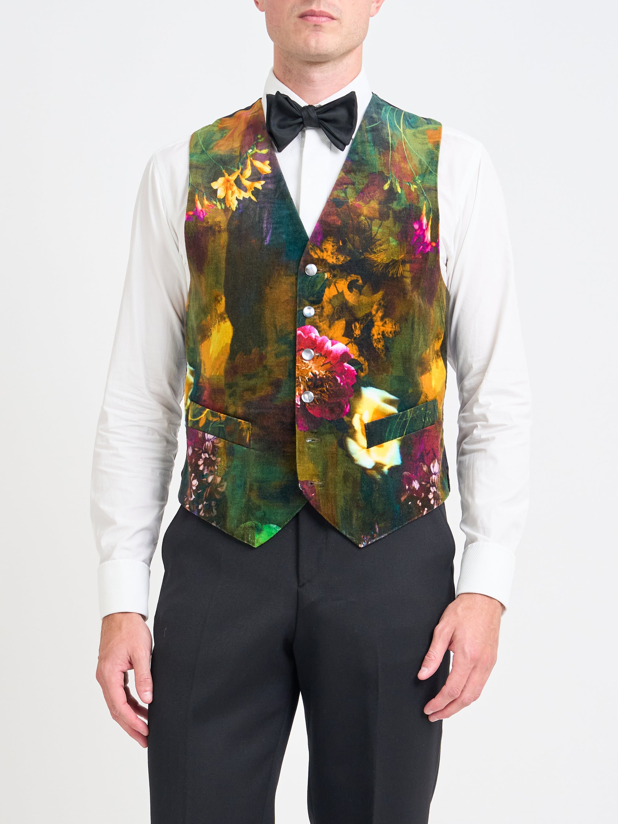 Multi Idris Floral Velvet Cotton Single Breasted Waistcoat