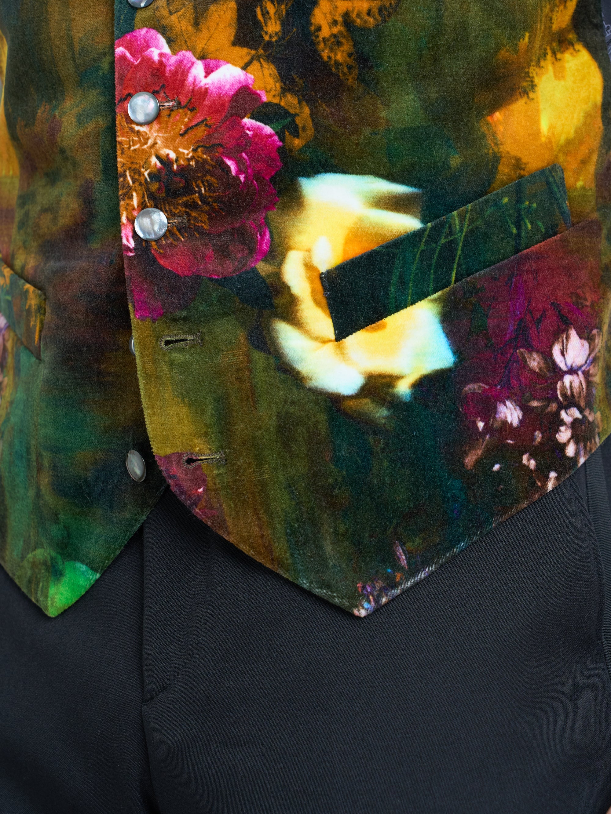 Multi Idris Floral Velvet Cotton Single Breasted Waistcoat