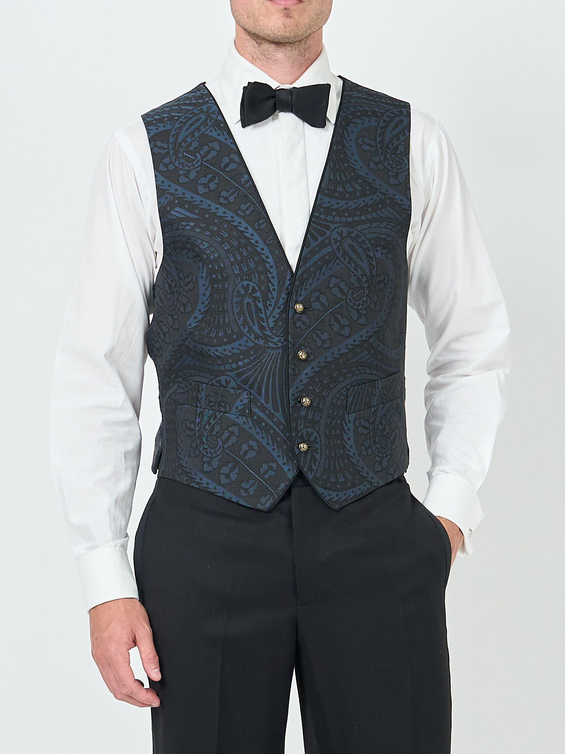 Midnight Heathcote Paisley Single Breasted 4 Button Piped Waistcoat