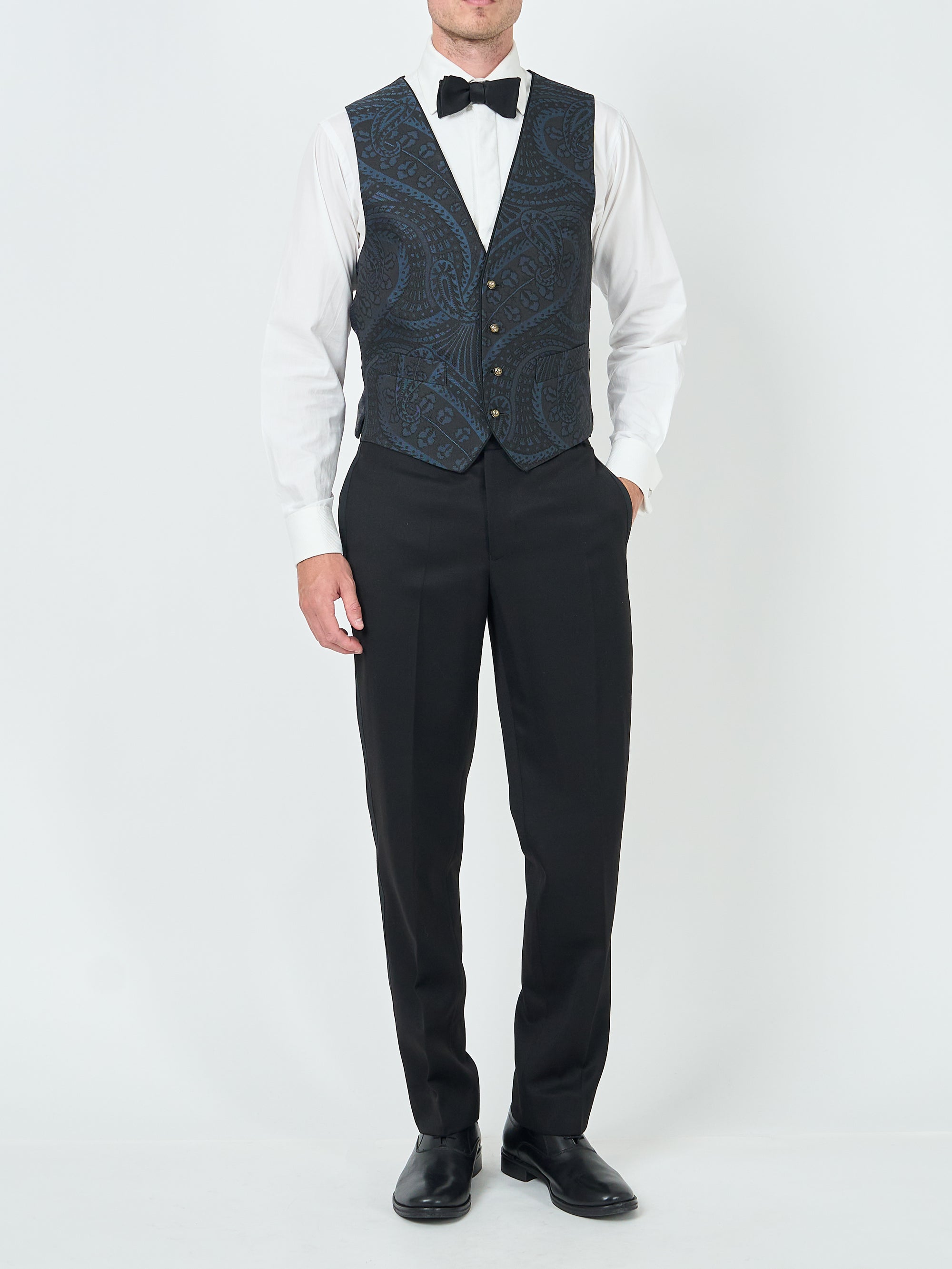 Midnight Heathcote Paisley Single Breasted 4 Button Piped Waistcoat