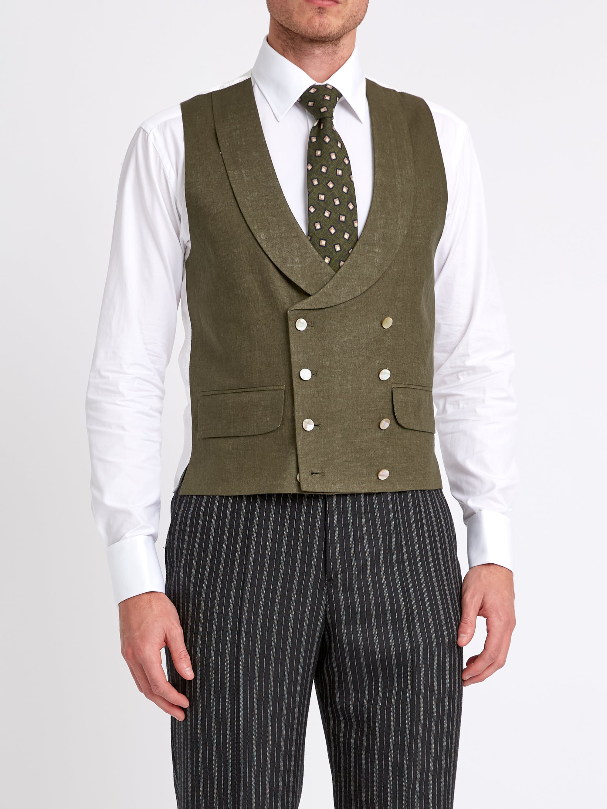 Green Padworth Linen Double Breasted 8 Button Shawl Lapel Waistcoat