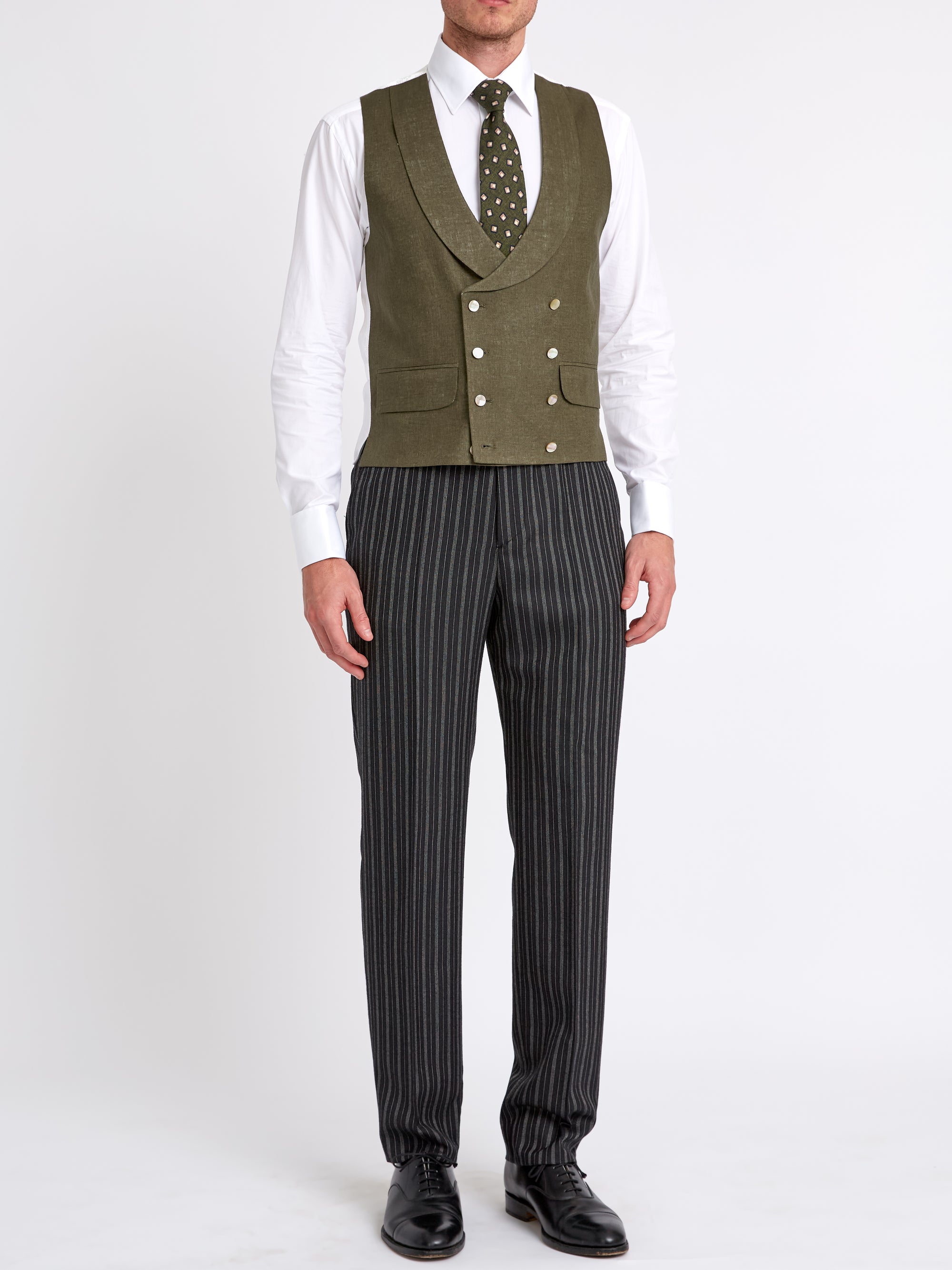Green Padworth Linen Double Breasted 8 Button Shawl Lapel Waistcoat