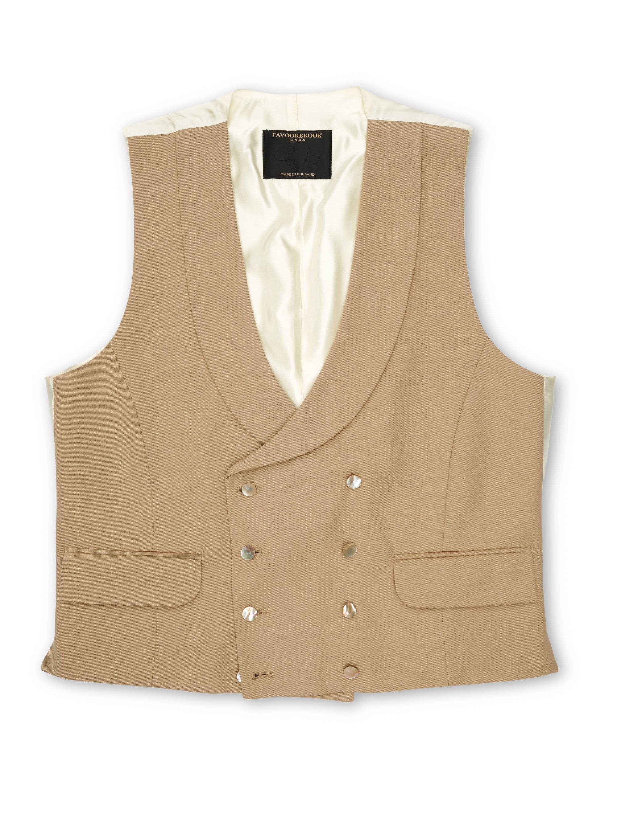 Beige Gabardine Wool Double Breasted 8 Button Shawl Lapel Waistcoat