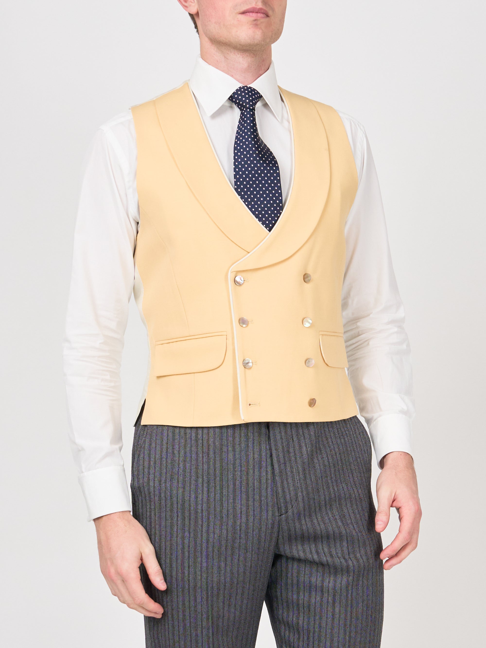 Yellow Gabardine Wool Double Breasted 8 Button Shawl Lapel Piped Waistcoat