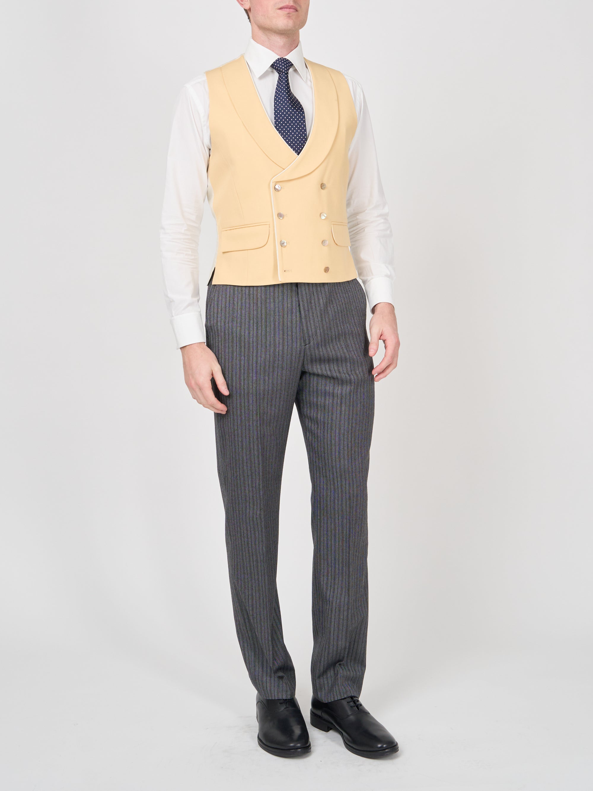 Yellow Gabardine Wool Double Breasted 8 Button Shawl Lapel Piped Waistcoat