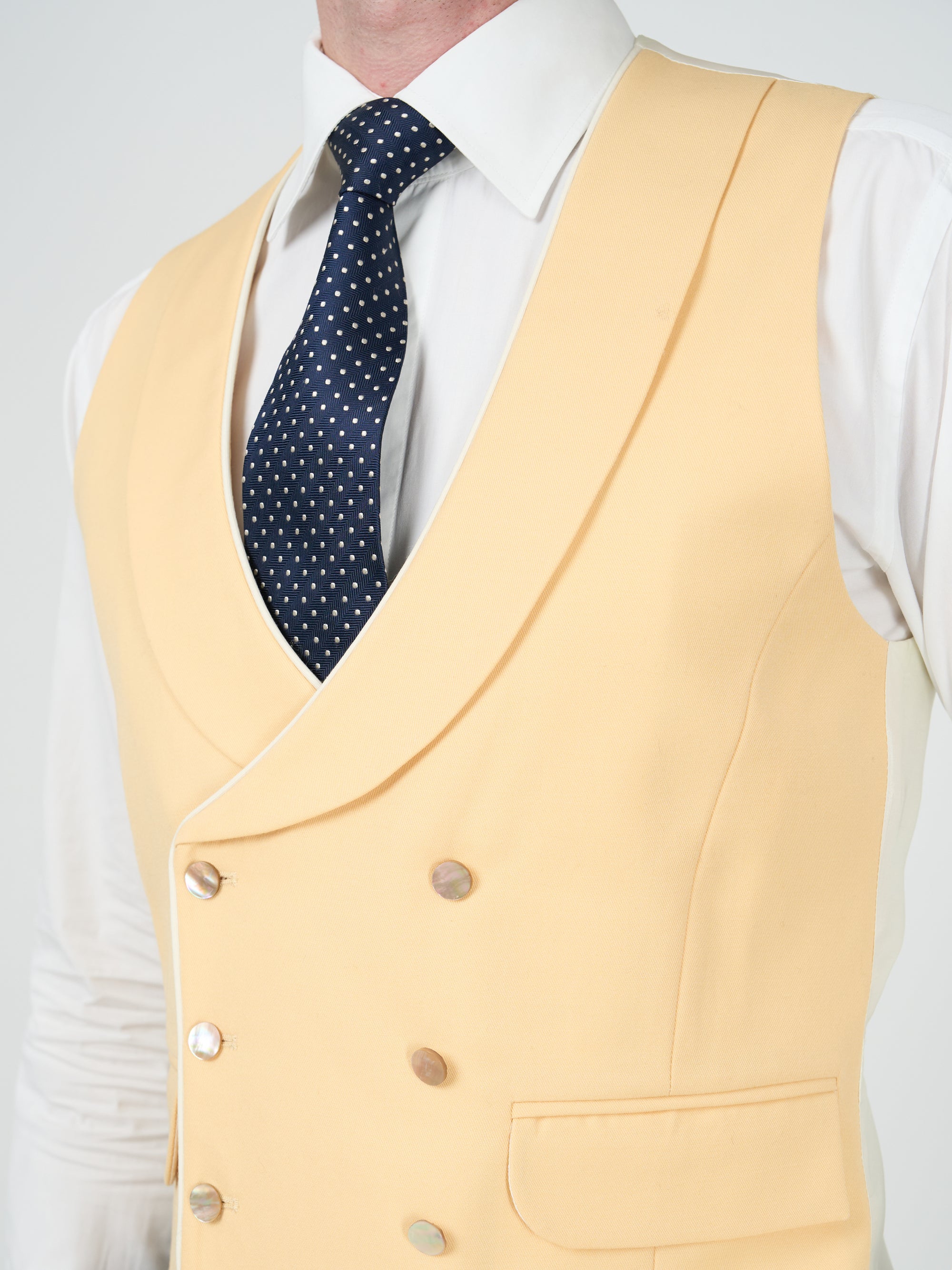 Yellow Gabardine Wool Double Breasted 8 Button Shawl Lapel Piped Waistcoat