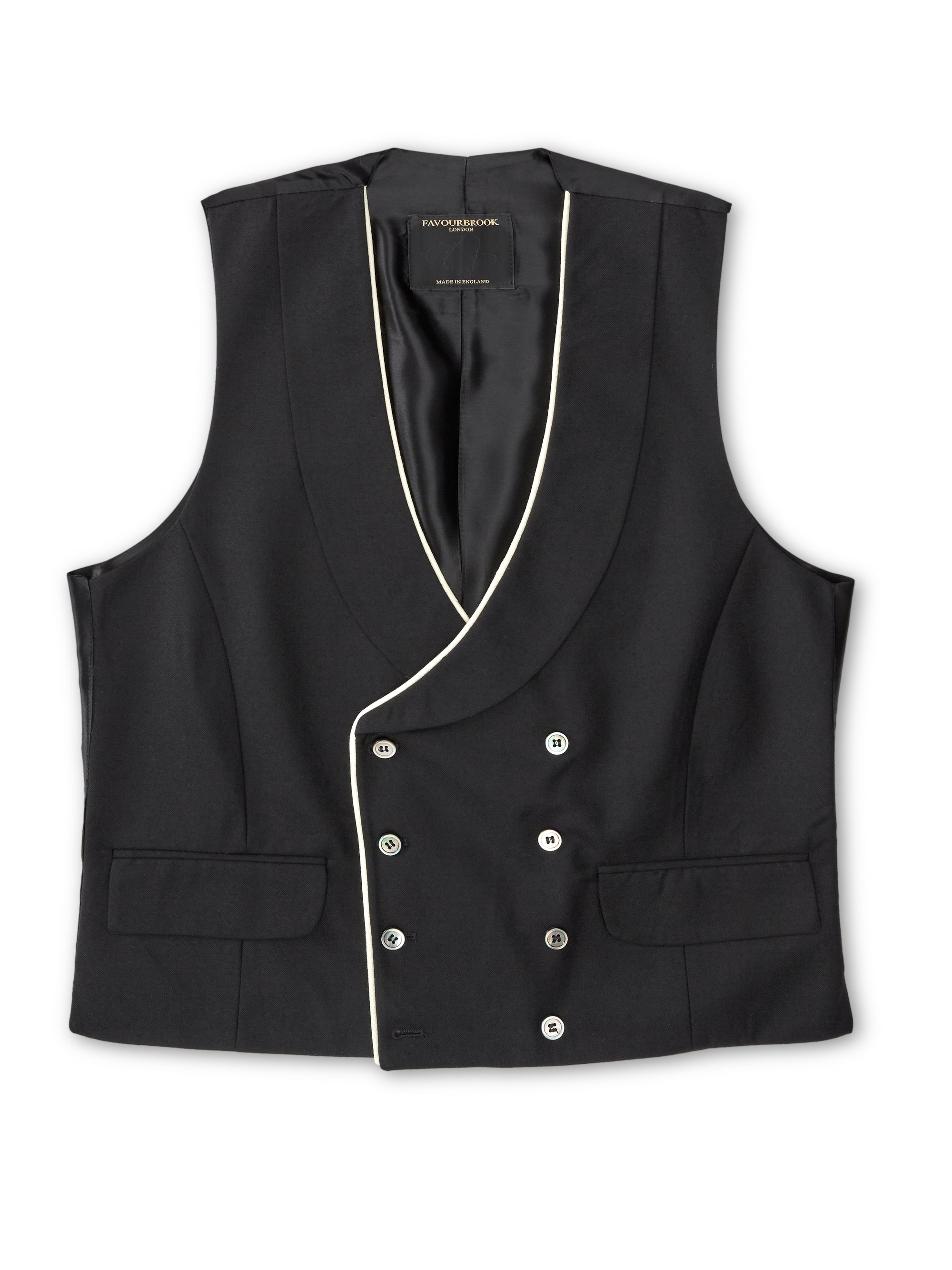 Black Gabardine Wool Double Breasted 8 Button Shawl Lapel Piped Waistcoat