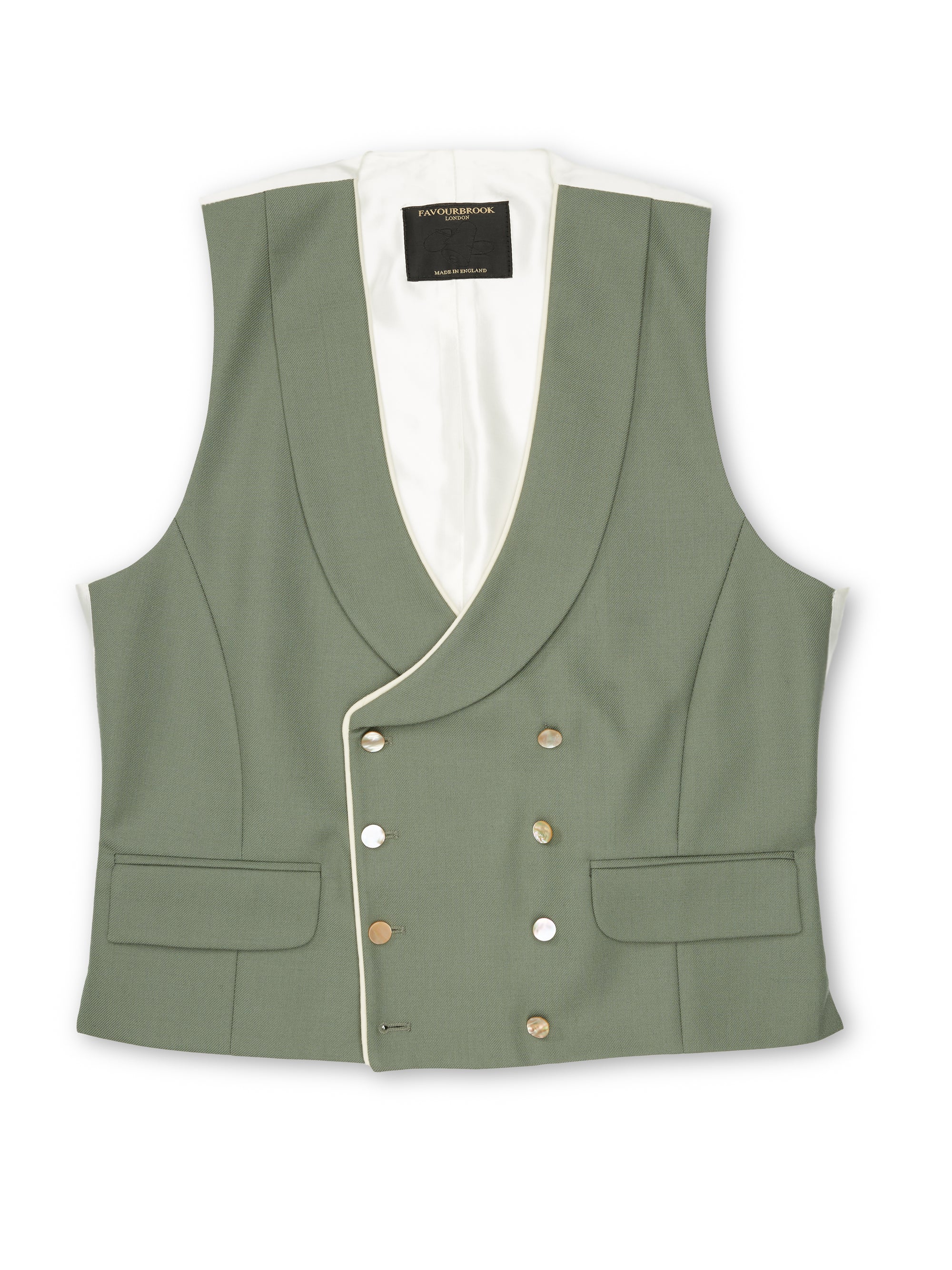 Olive Gabardine Wool Double Breasted Waistcoat with Piping