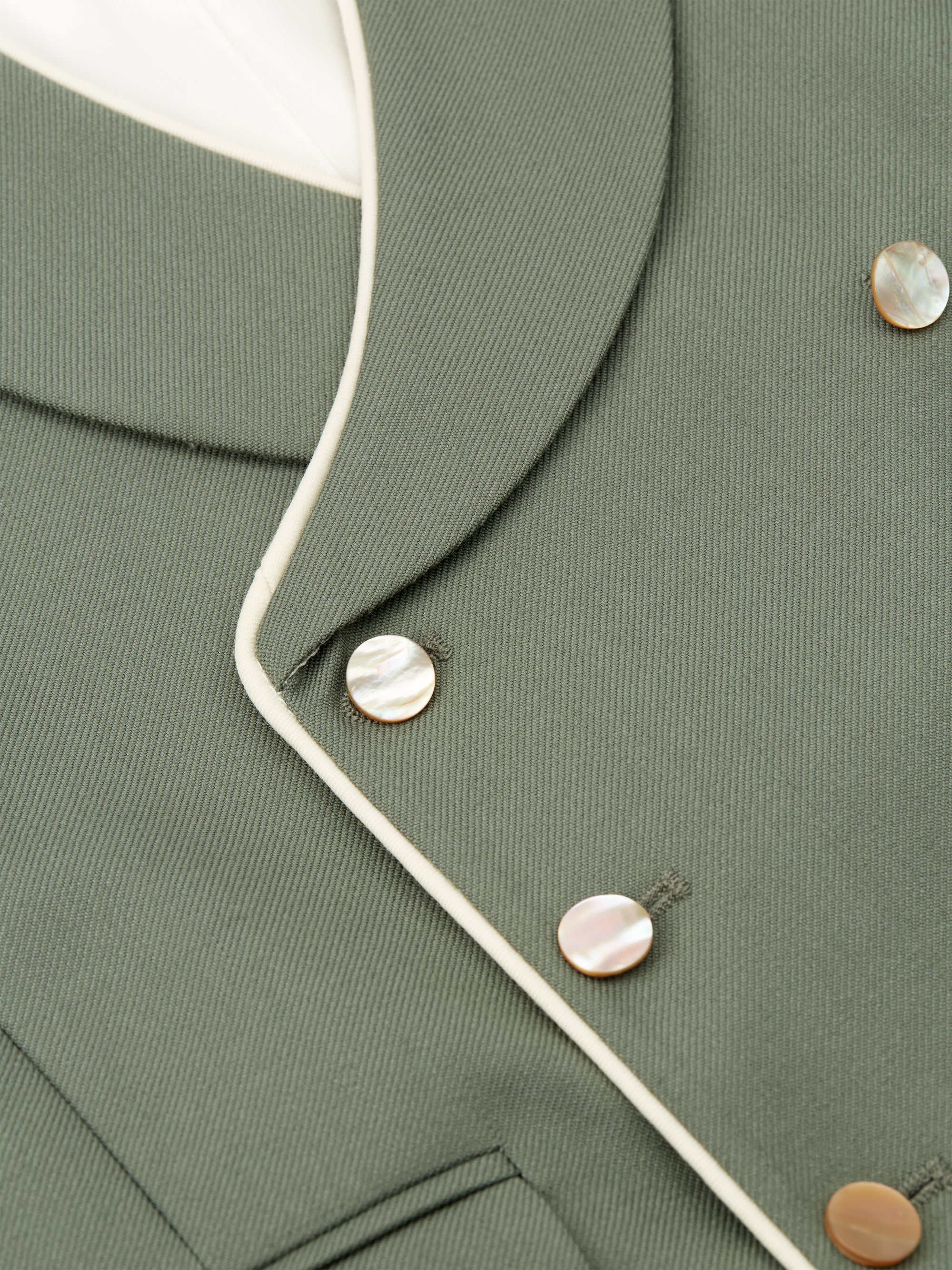 Olive Gabardine Wool Double Breasted Waistcoat with Piping