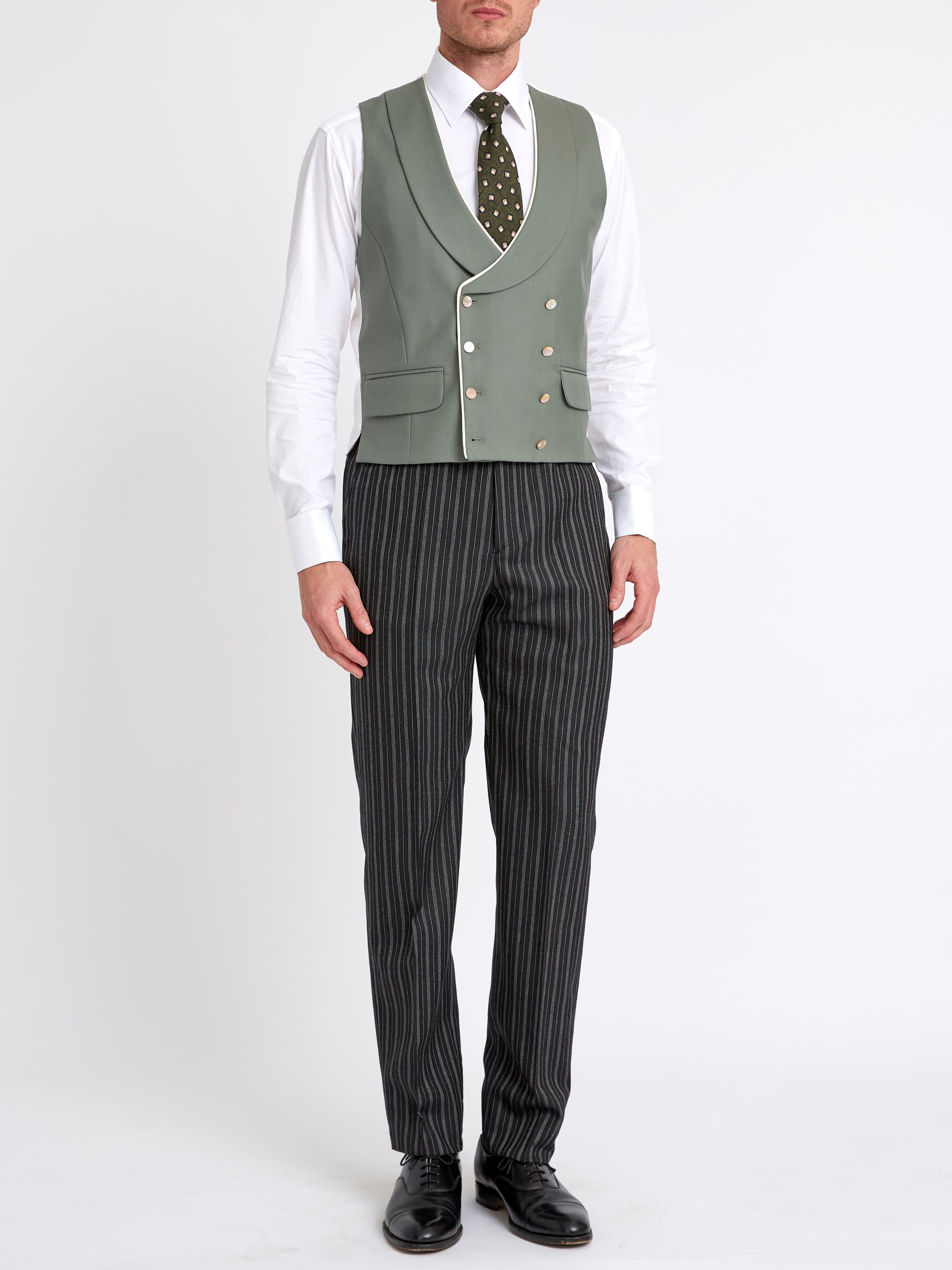 Olive Gabardine Wool Double Breasted Waistcoat with Piping
