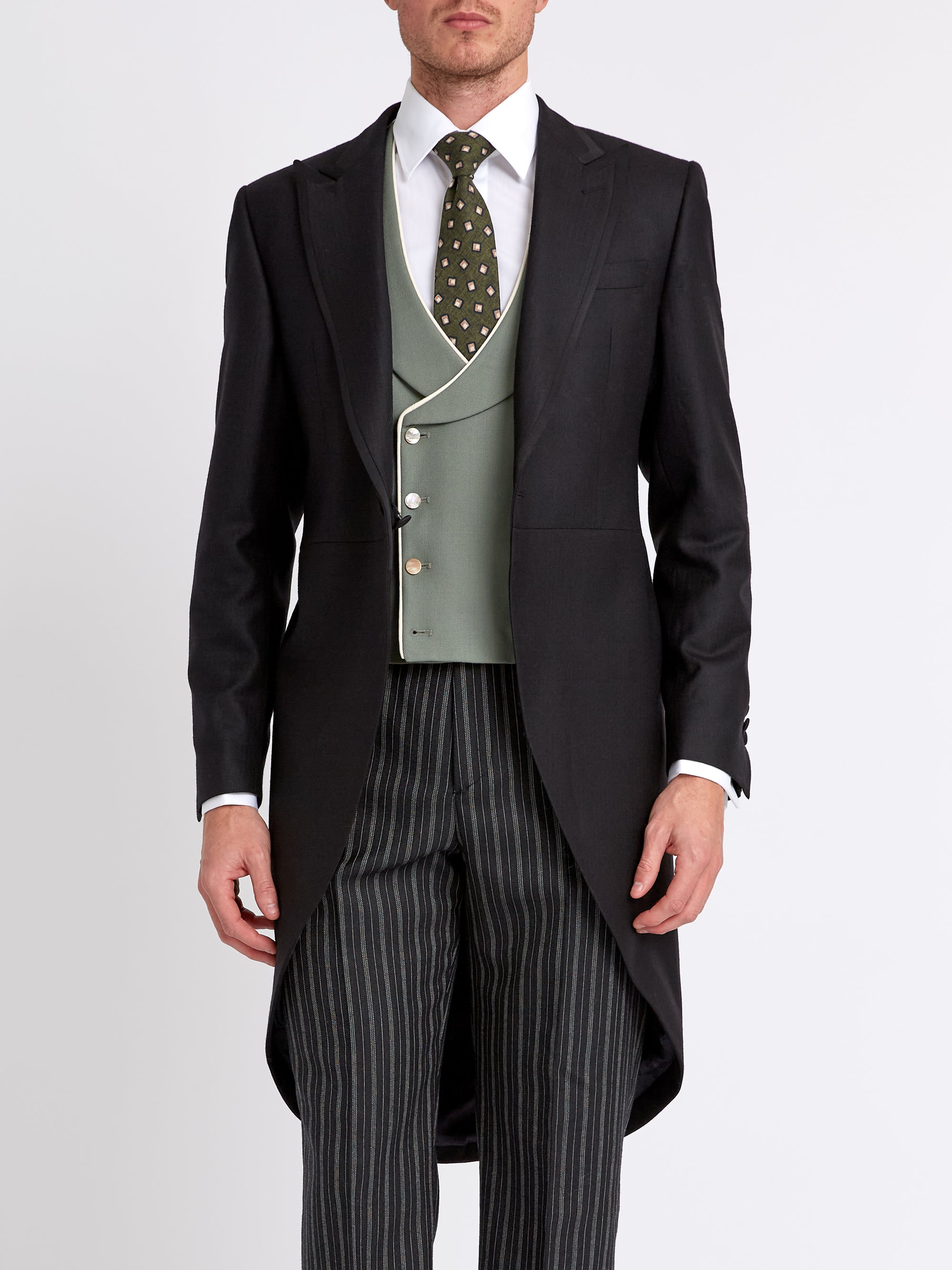 Olive Gabardine Wool Double Breasted Waistcoat with Piping