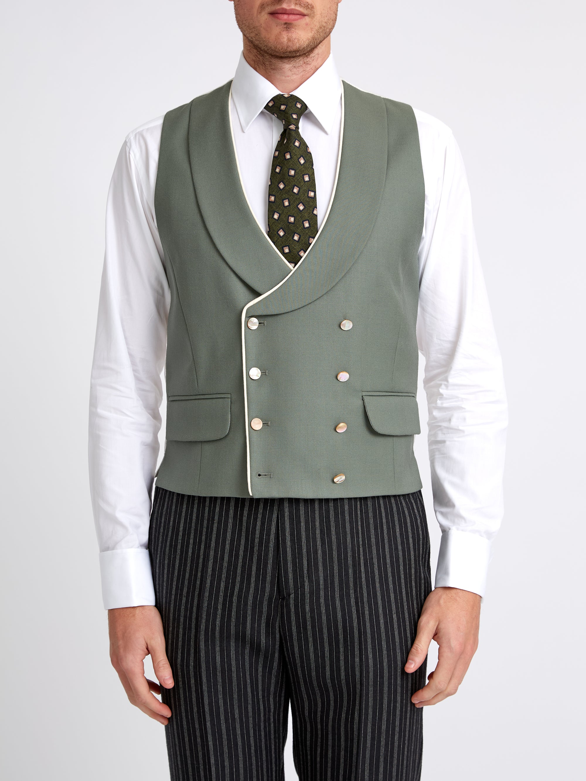 Olive Gabardine Wool Double Breasted Waistcoat with Piping