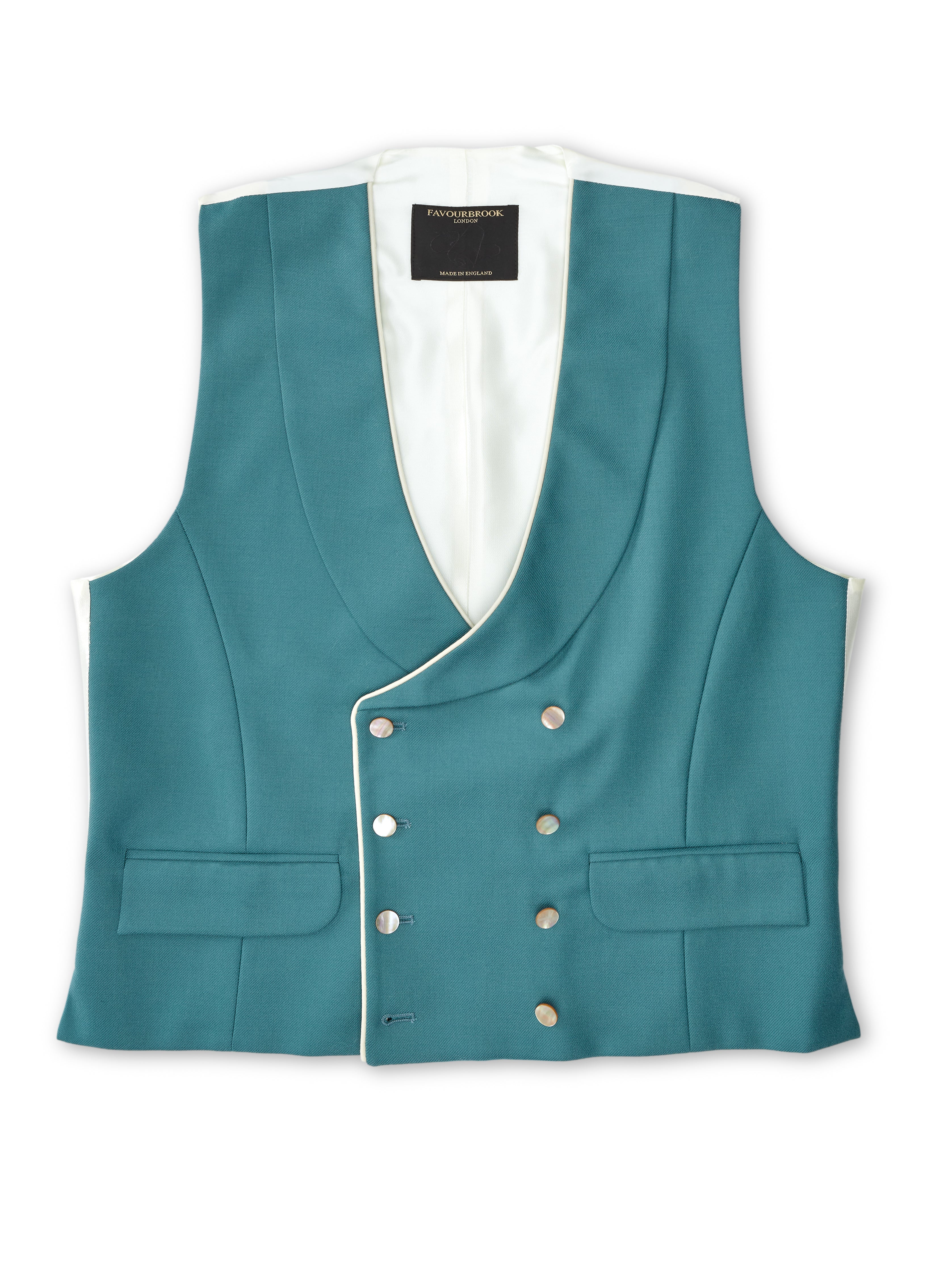 Sea Green Wool Double Breasted 8 Button Shawl Lapel Piped Waistcoat