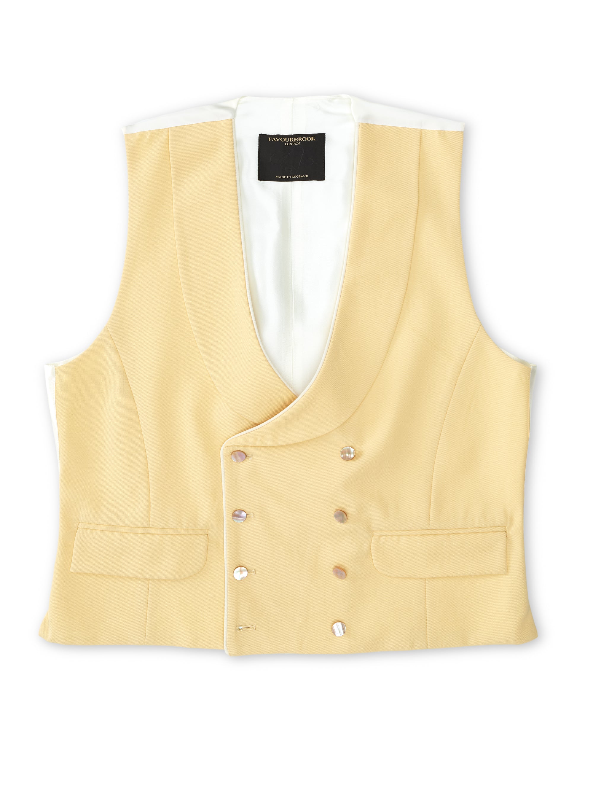 Yellow Gabardine Wool Double Breasted 8 Button Shawl Lapel Piped Waistcoat