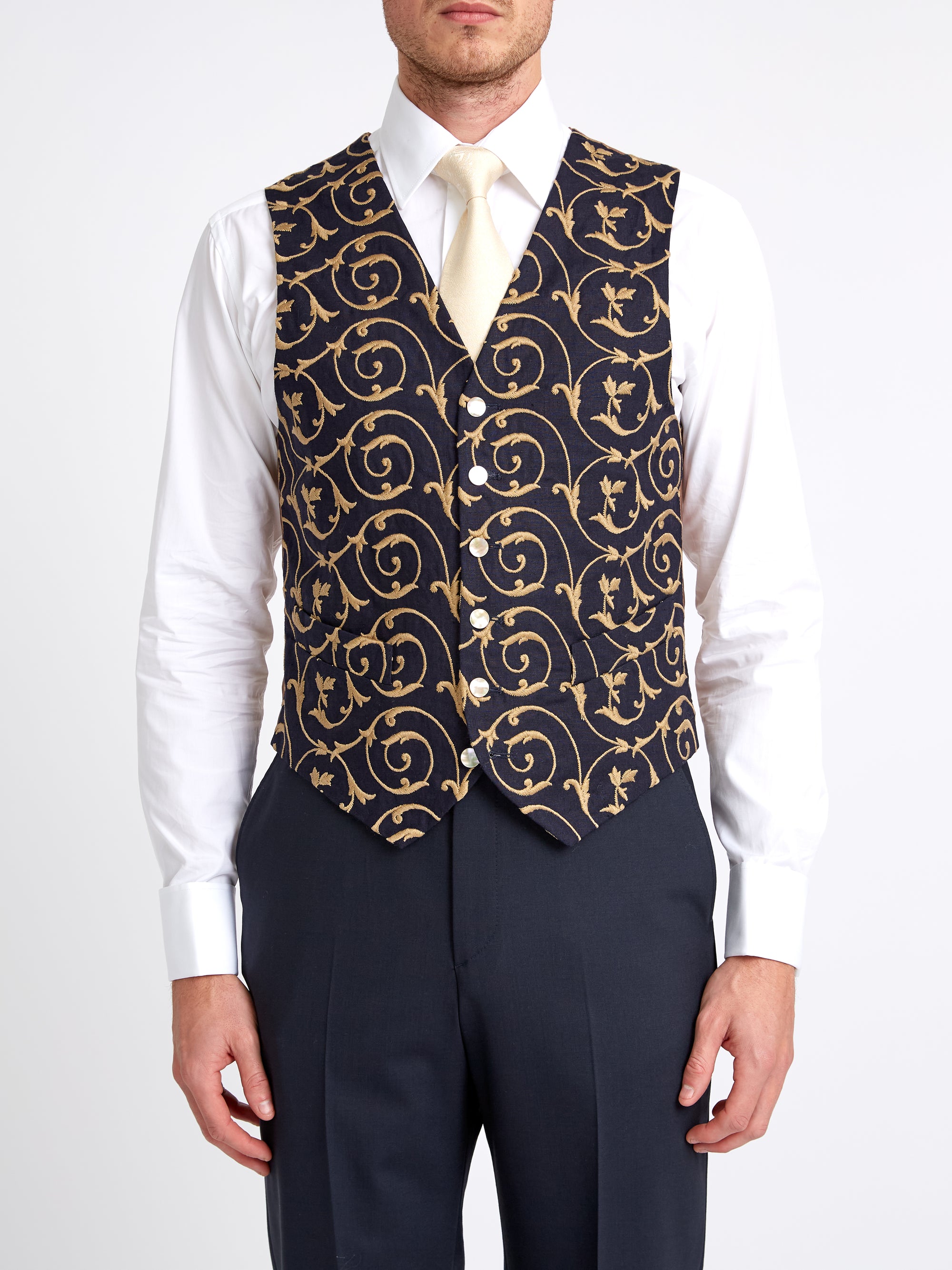 BD Navy Gold Swirl Linen Single Breasted 6 Button Waistcoat