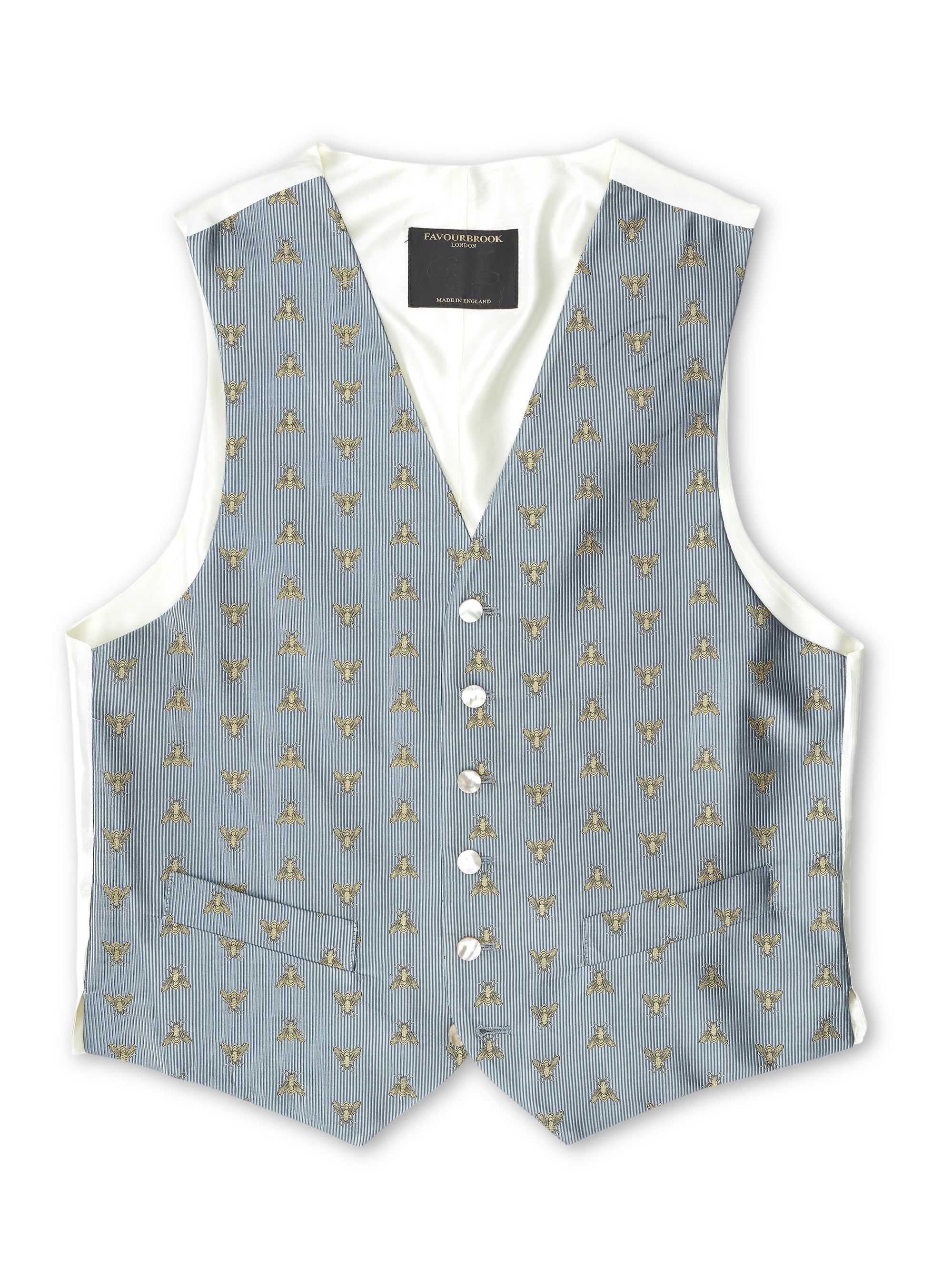 Powder Blue Gold Bees Silk Single Breasted 6 Button Waistcoat