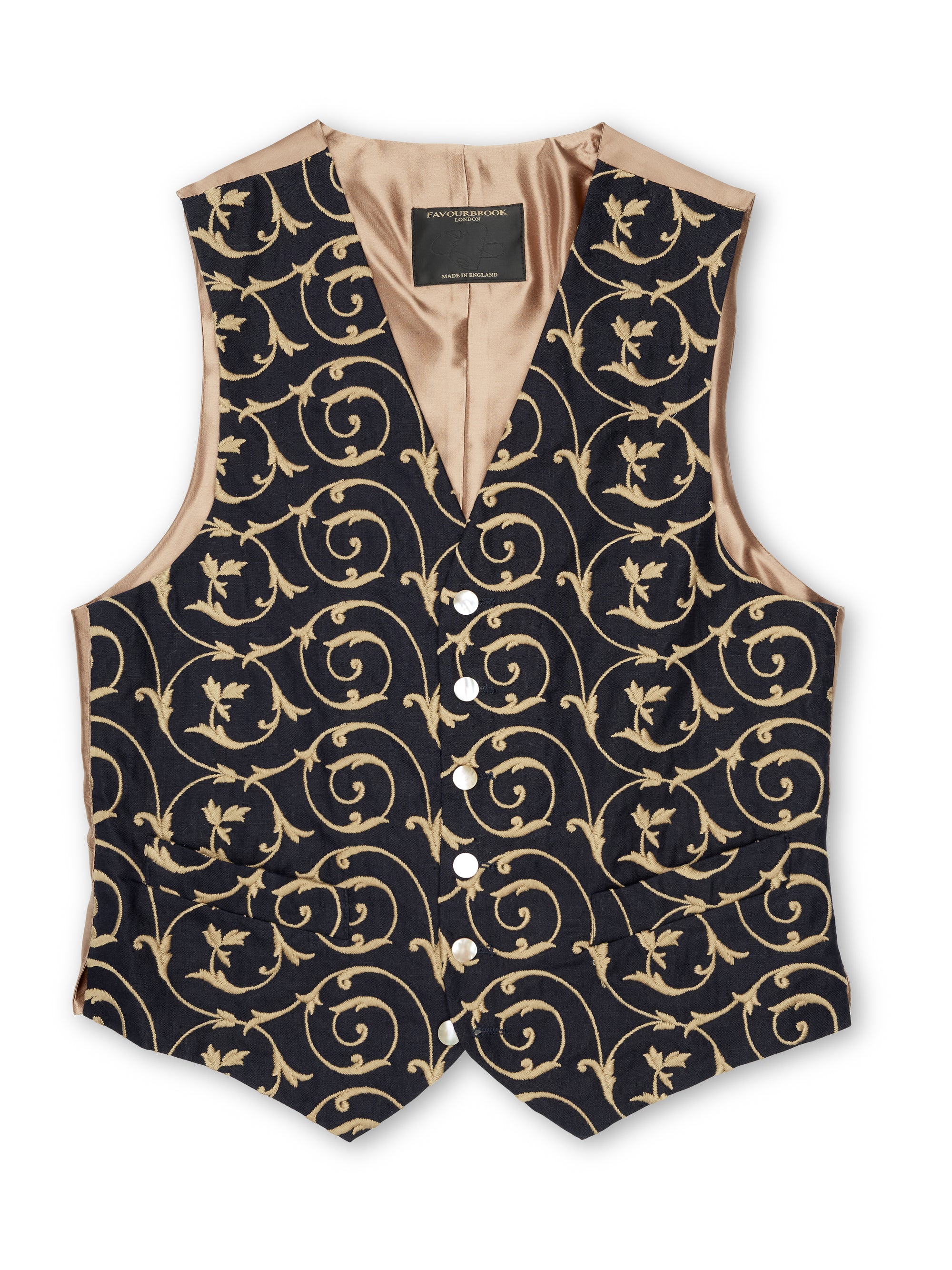 BD Navy Gold Swirl Linen Single Breasted 6 Button Waistcoat