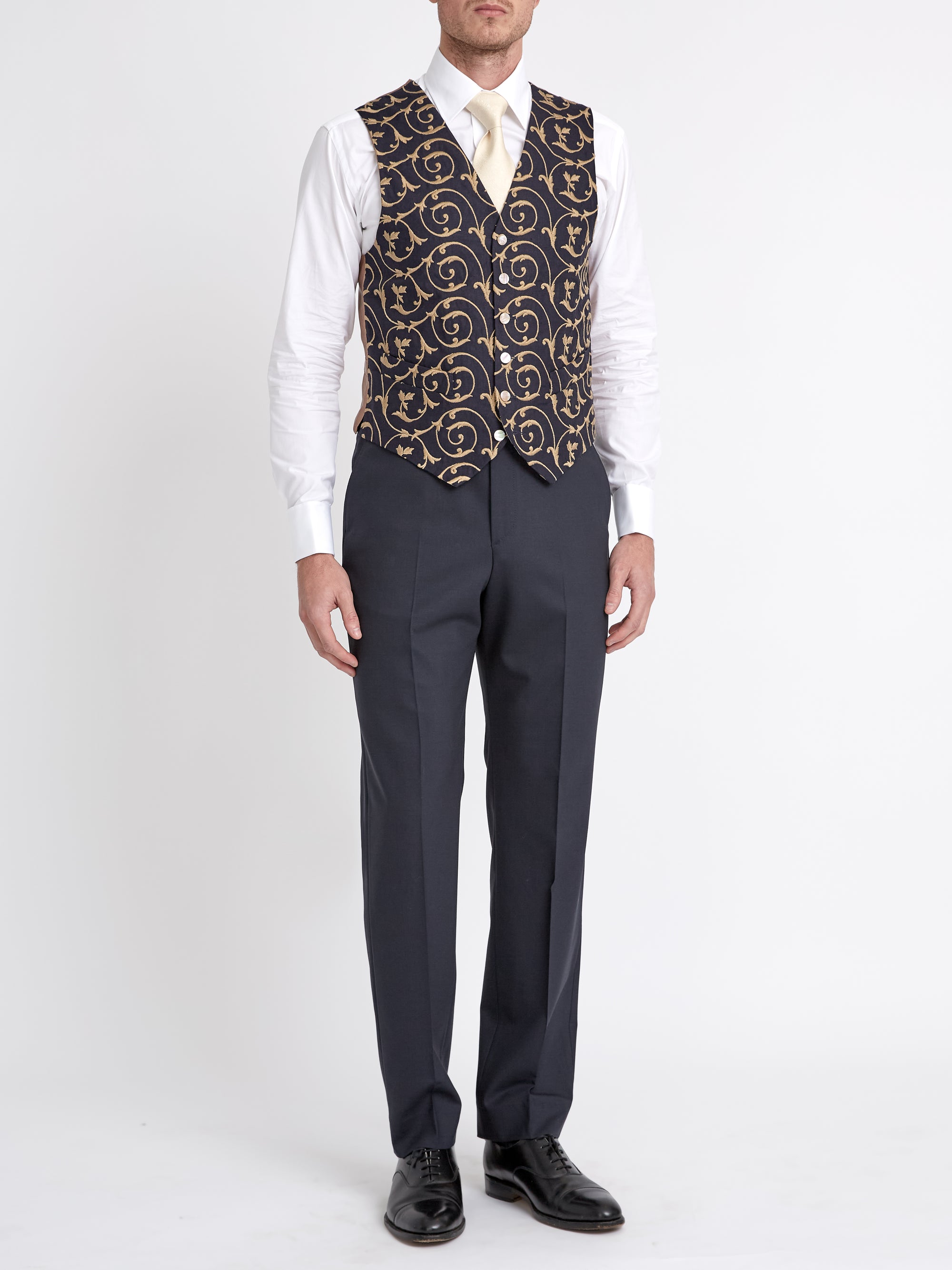 BD Navy Gold Swirl Linen Single Breasted 6 Button Waistcoat