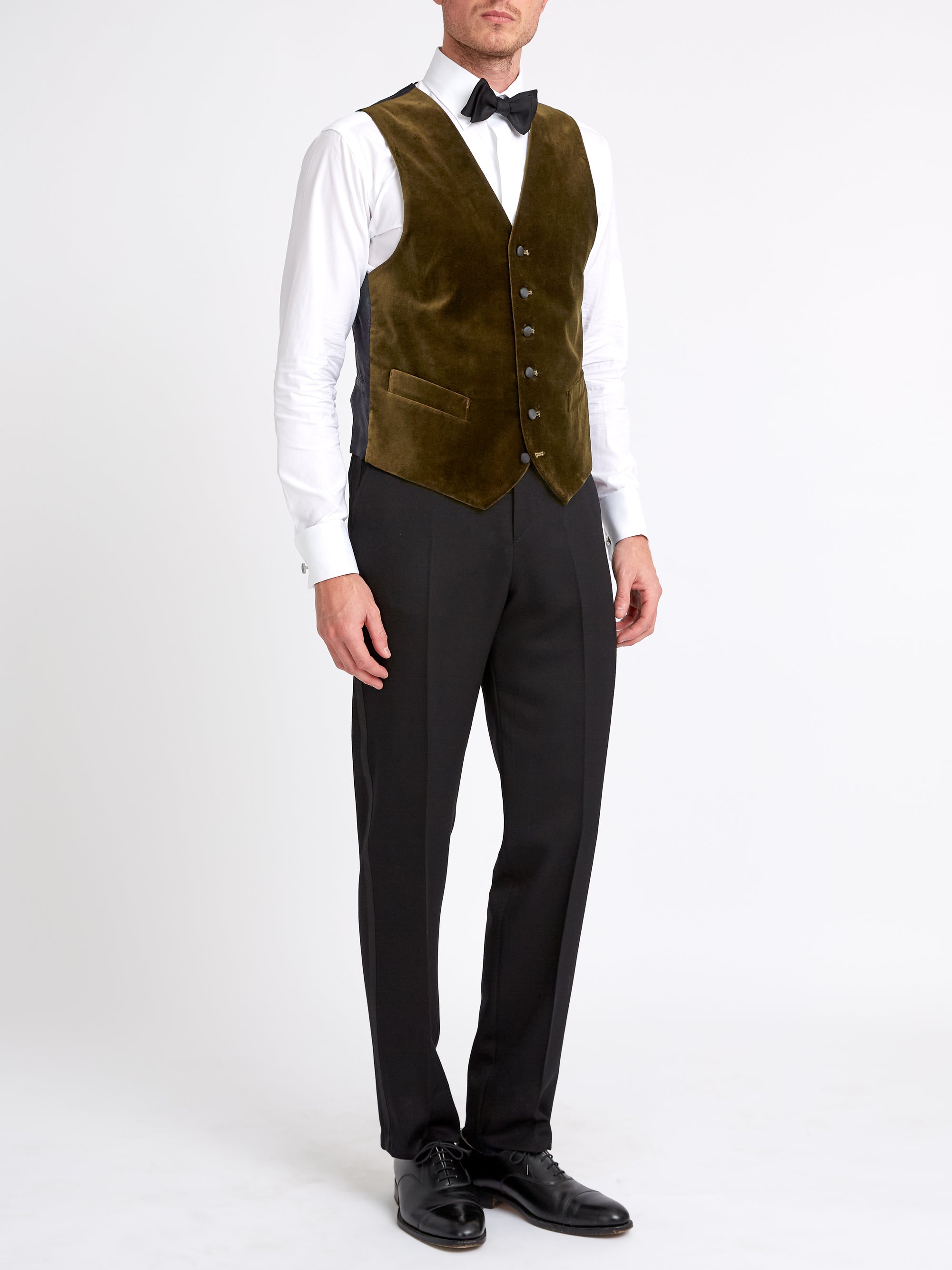 Olive Velvet Cotton Single Breasted 6 Button Piped Waistcoat