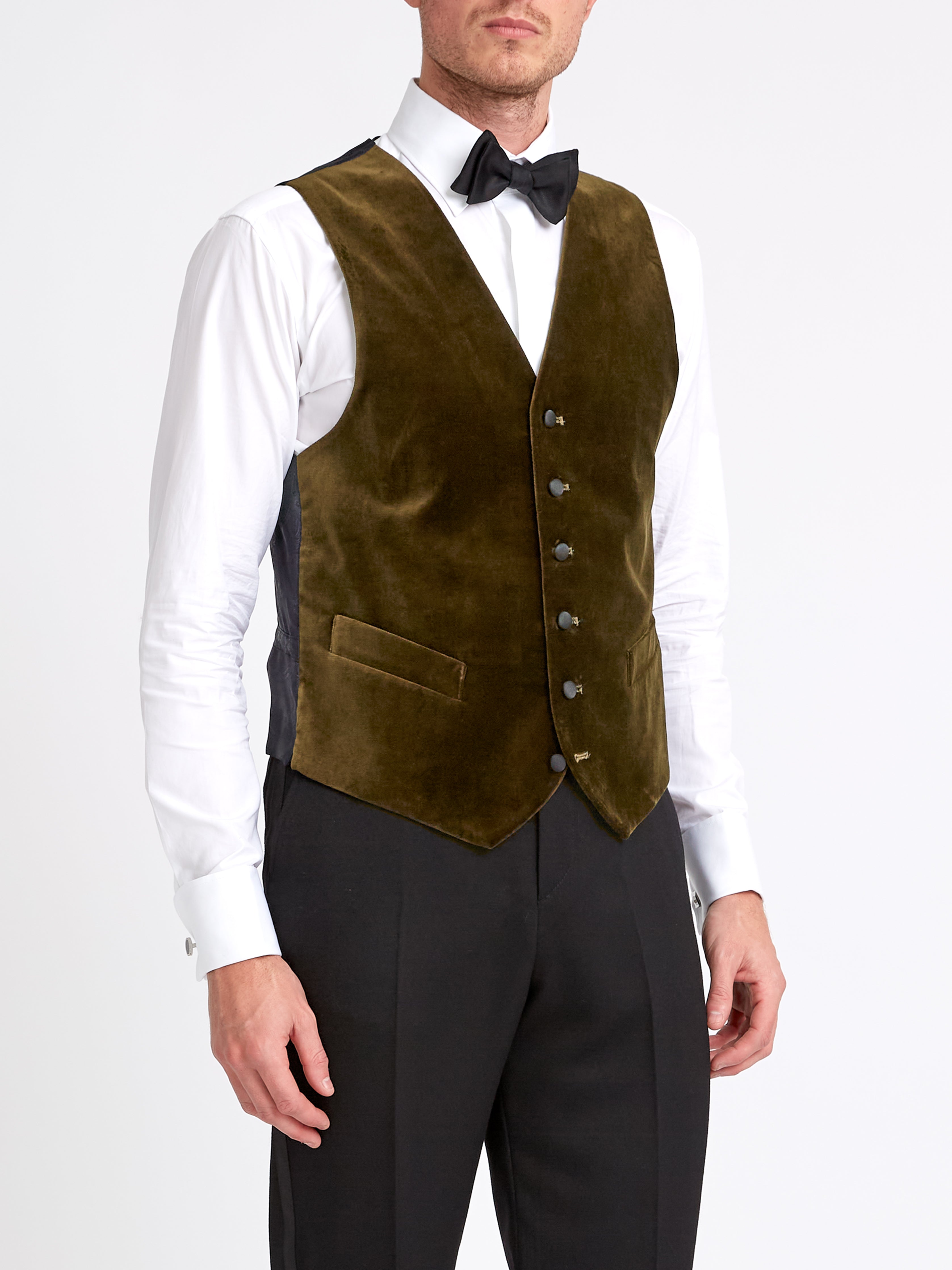 Olive Velvet Cotton Single Breasted 6 Button Piped Waistcoat