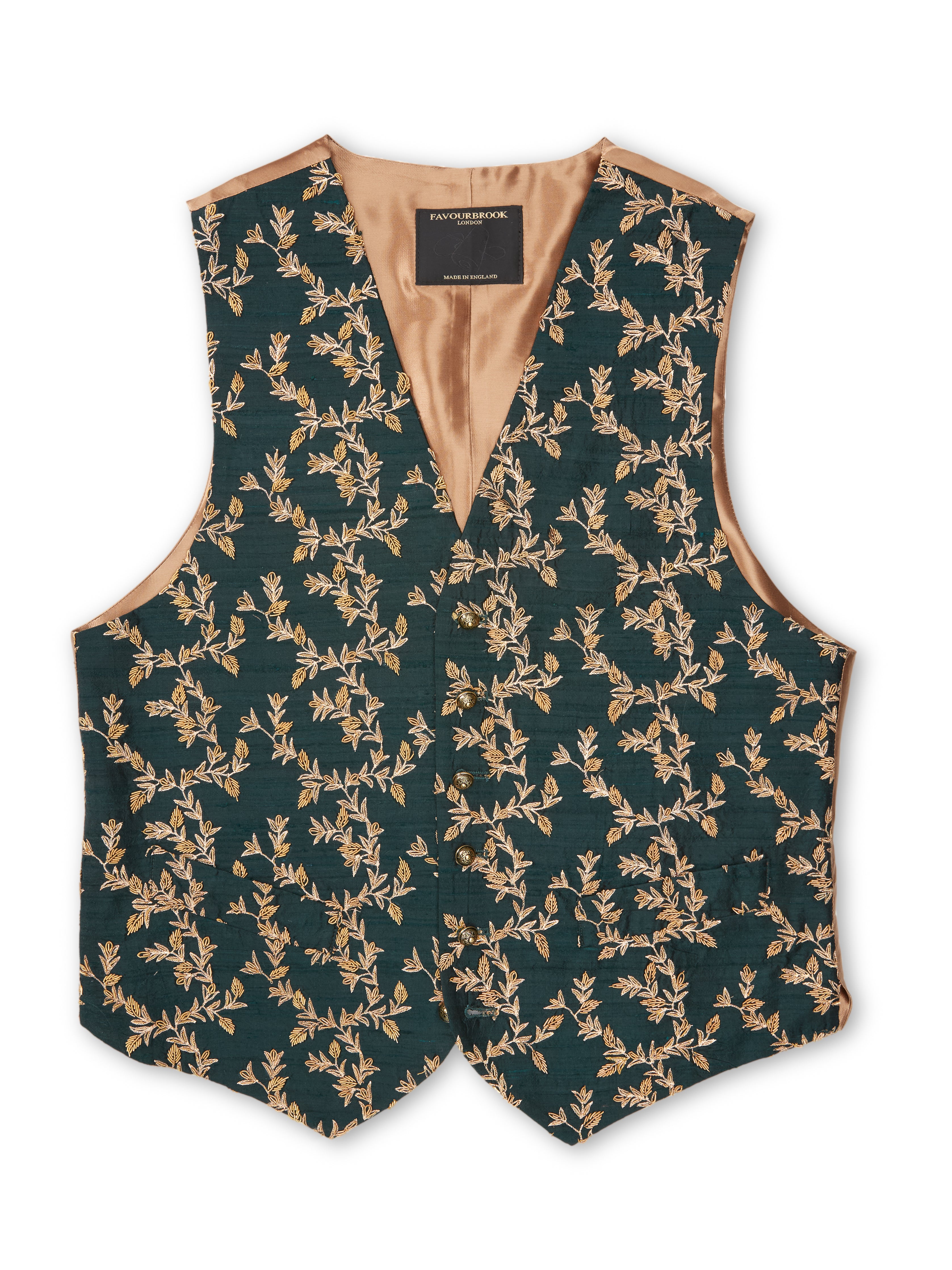 Teal Gold Leaf Brocade Single Breasted 6 Button Waistcoat