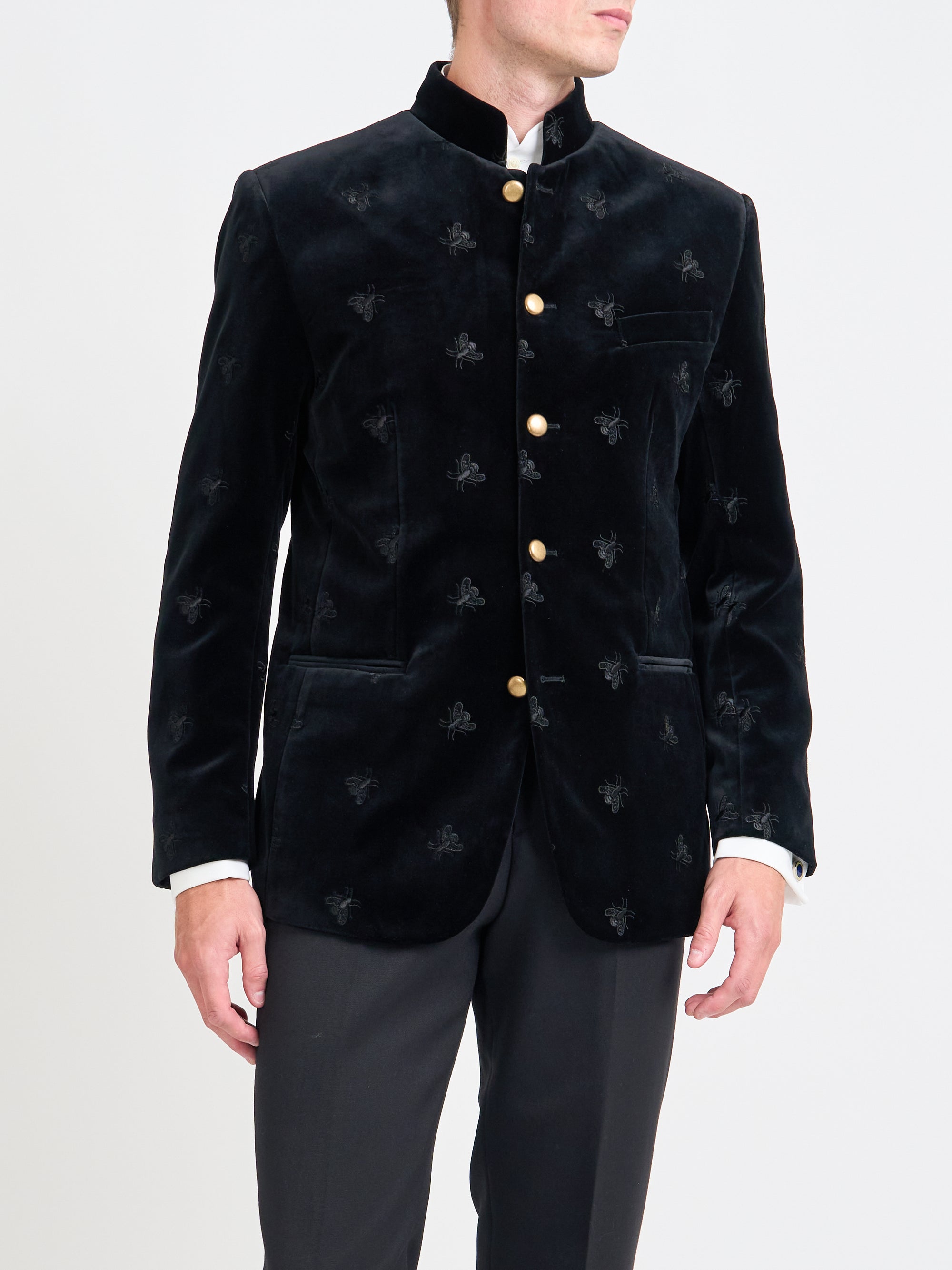Black Bees Velvet Cotton Nehru Jacket
