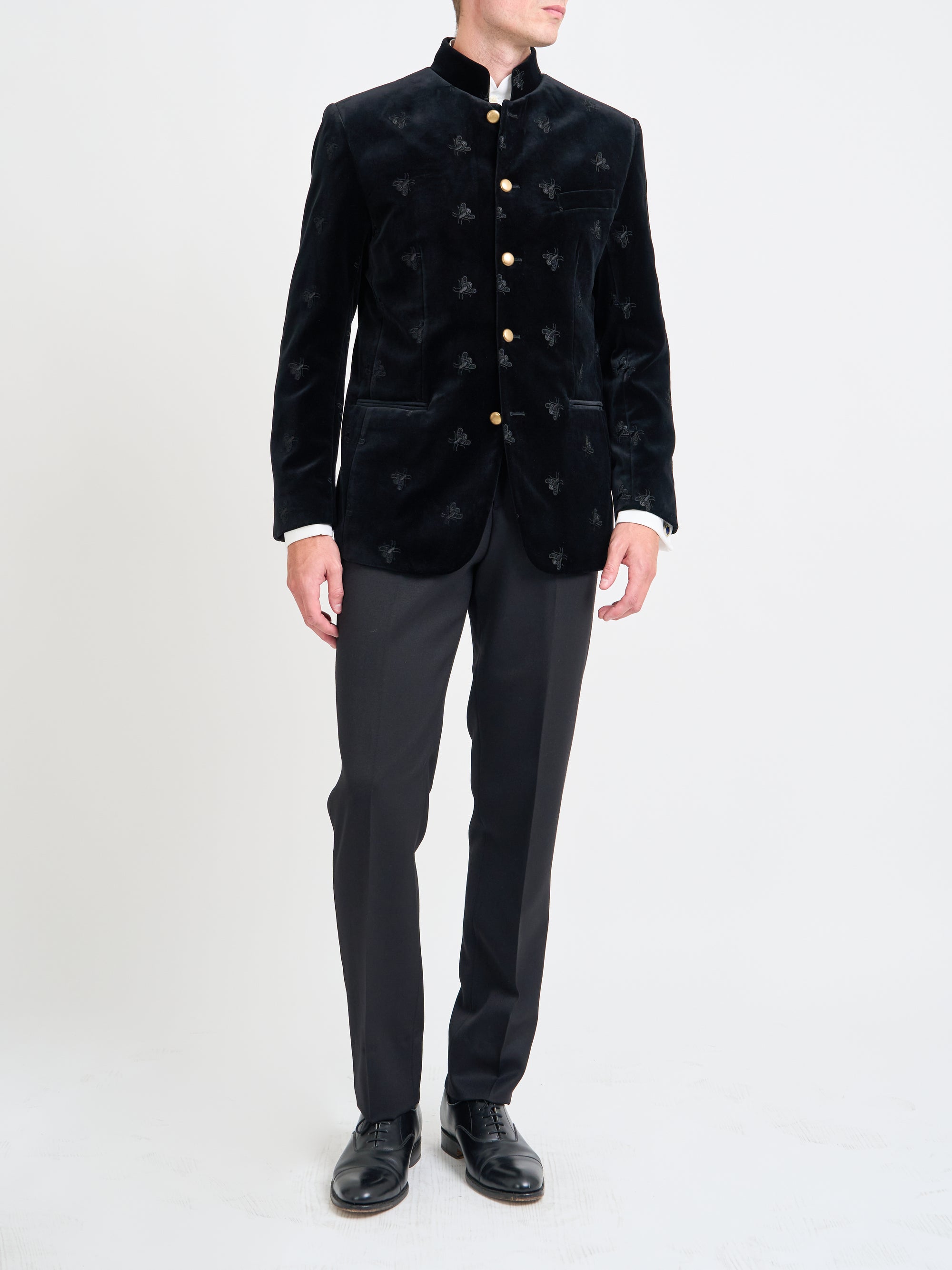 Black Bees Velvet Cotton Nehru Jacket