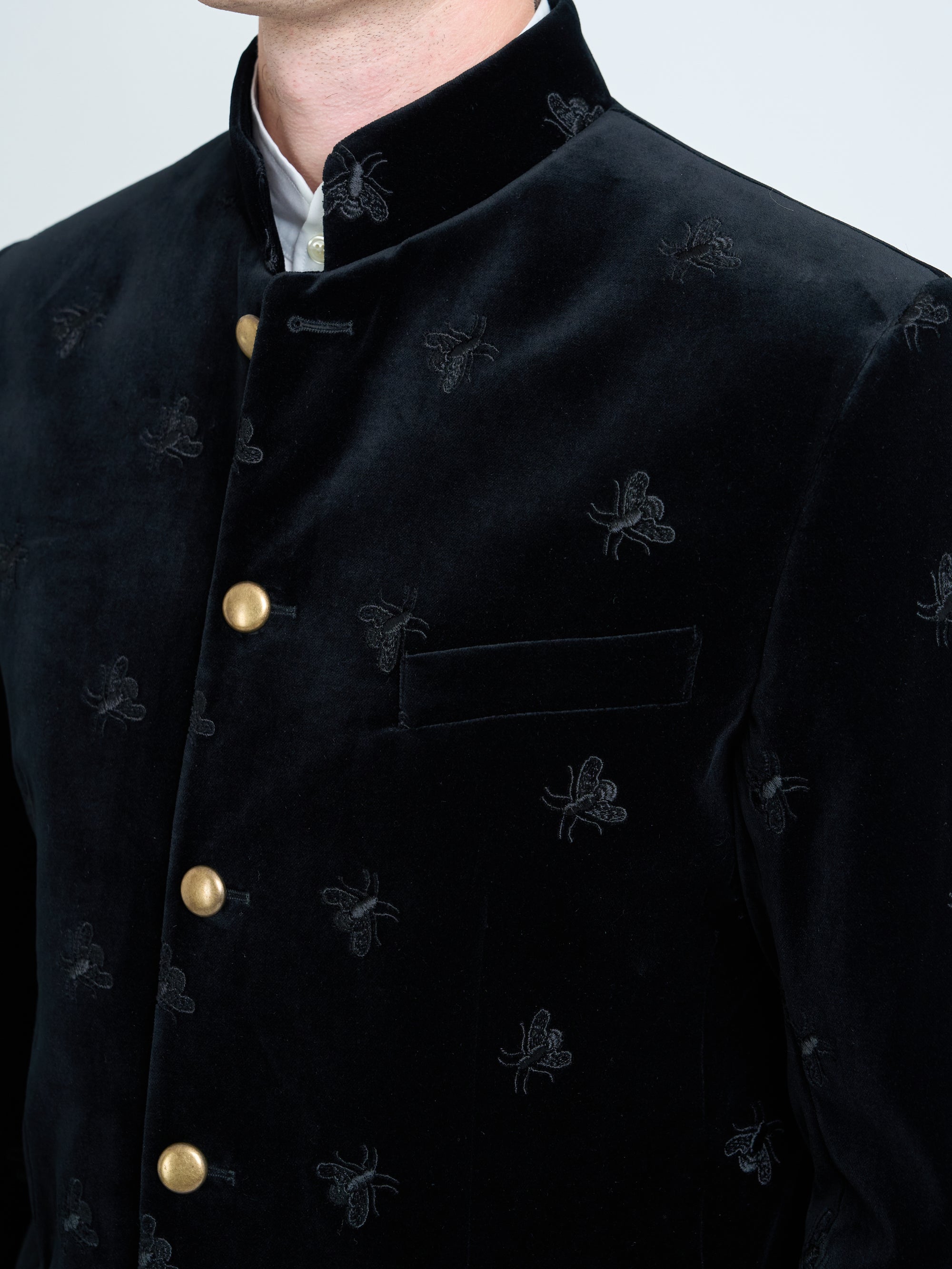 Black Bees Velvet Cotton Nehru Jacket