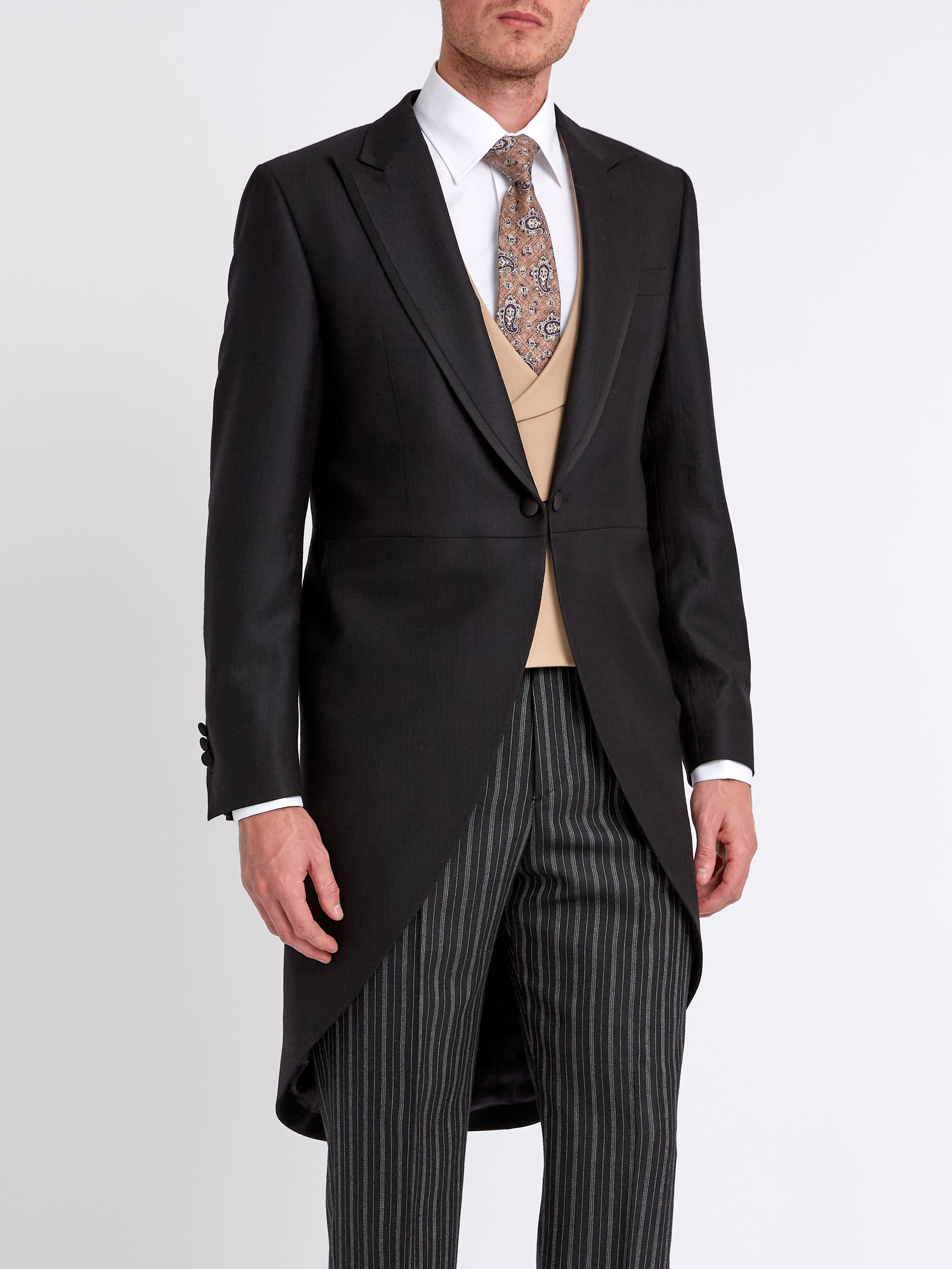 Black Windsor Herringbone Wool Morning Coat with trim