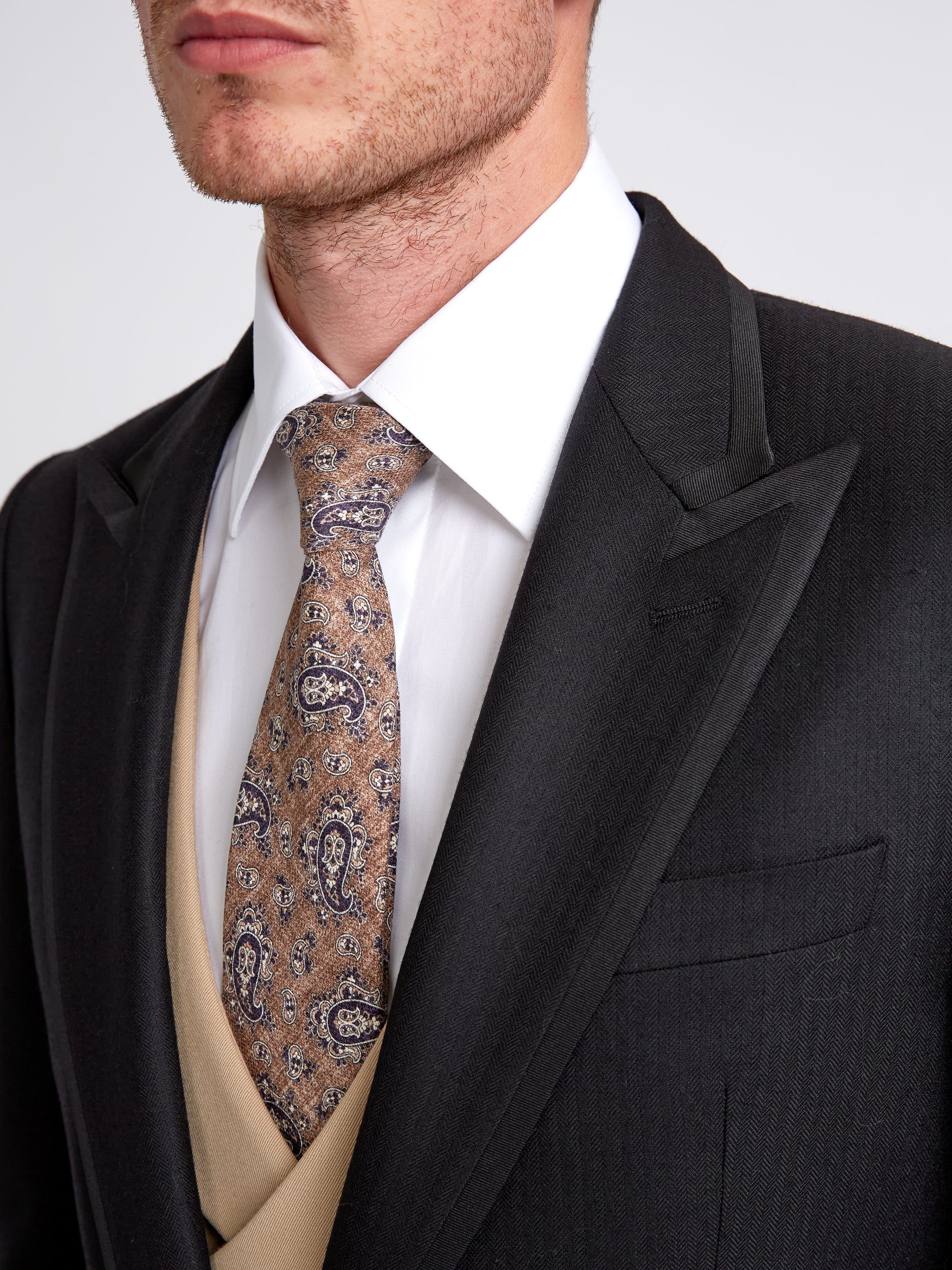 Black Windsor Herringbone Wool Morning Coat with trim