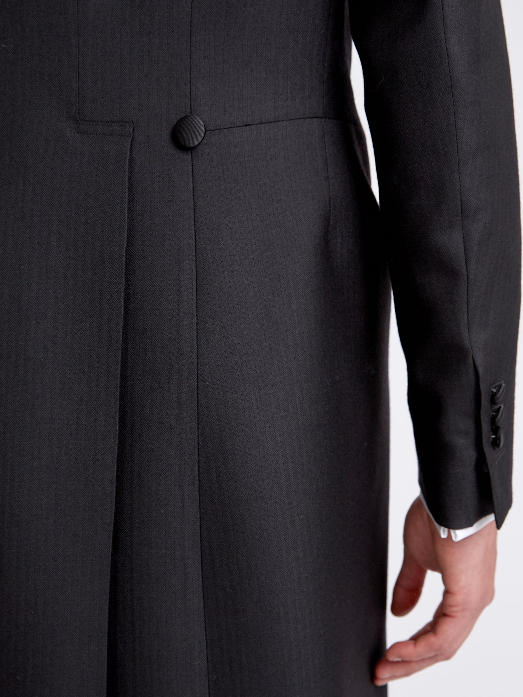Black Windsor Herringbone Wool Morning Coat with trim