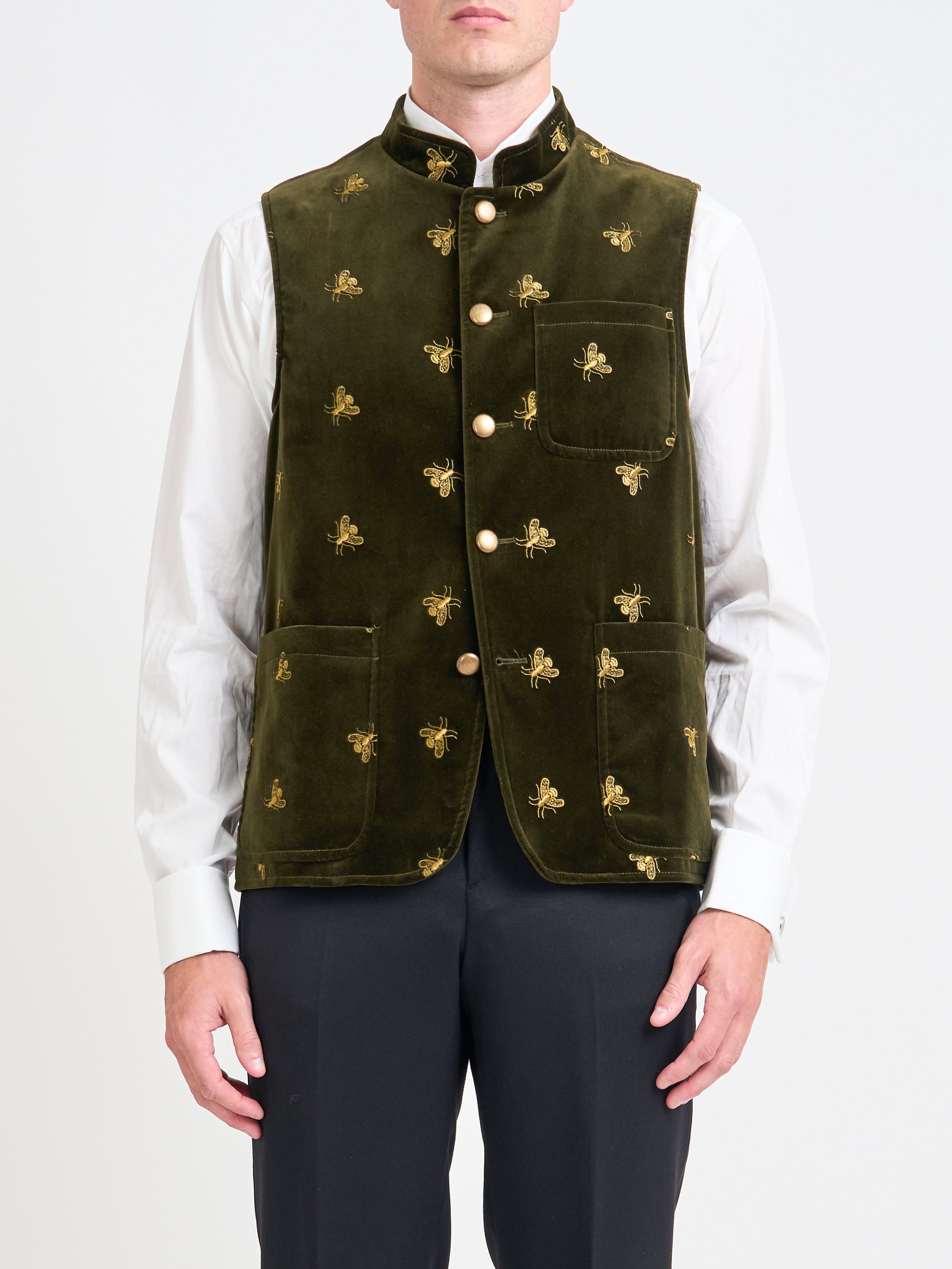 Olive Gold Bees Velvet Cotton Wiltshire Gilet